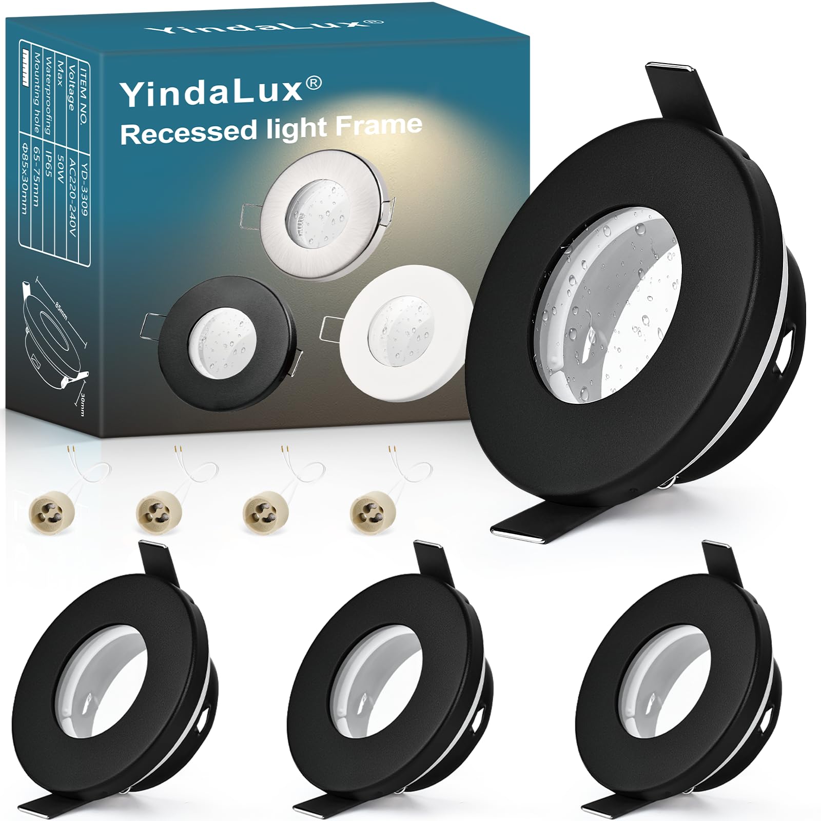 YindaLux 4 Pack GU10 Recessed Spotlight Frame IP65 Black, 30° Adjustable Iron Downlight Bezel 230V with GU10 Holder, Ø85mm, Cut Out 65-75mm Round Ceiling Spot, Bulb Not Included