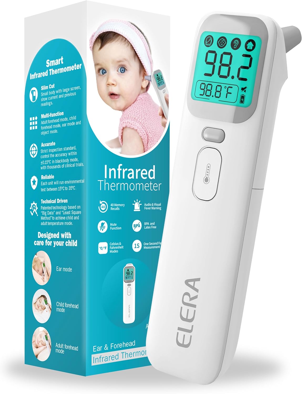 Elera Ear Thermometer for Kids, Baby Thermometer with Forehead and Ear Mode for Adults, Infant, Kids and Toddler, Touchless and 1 Second Reading with Fever Alarm and Mute Function, LCD Elera Ear Thermometer for Kids, Baby Thermometer with Forehead and Ear Mode for Adults, Infant, Kids and Toddler, Touchless and 1 Second Reading with Fever Alarm and Mute Function, LCD