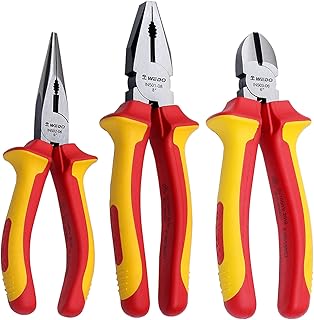 WEDO Insulated Pliers Set 3pcs, VED 1000V Electrician pliers Kit, Lineman Pliers 8â€, Long Needle Nose Pliers 6â€, Diagonal Cutting Pliers 6â€, CR-V, Anti-Slip Handles