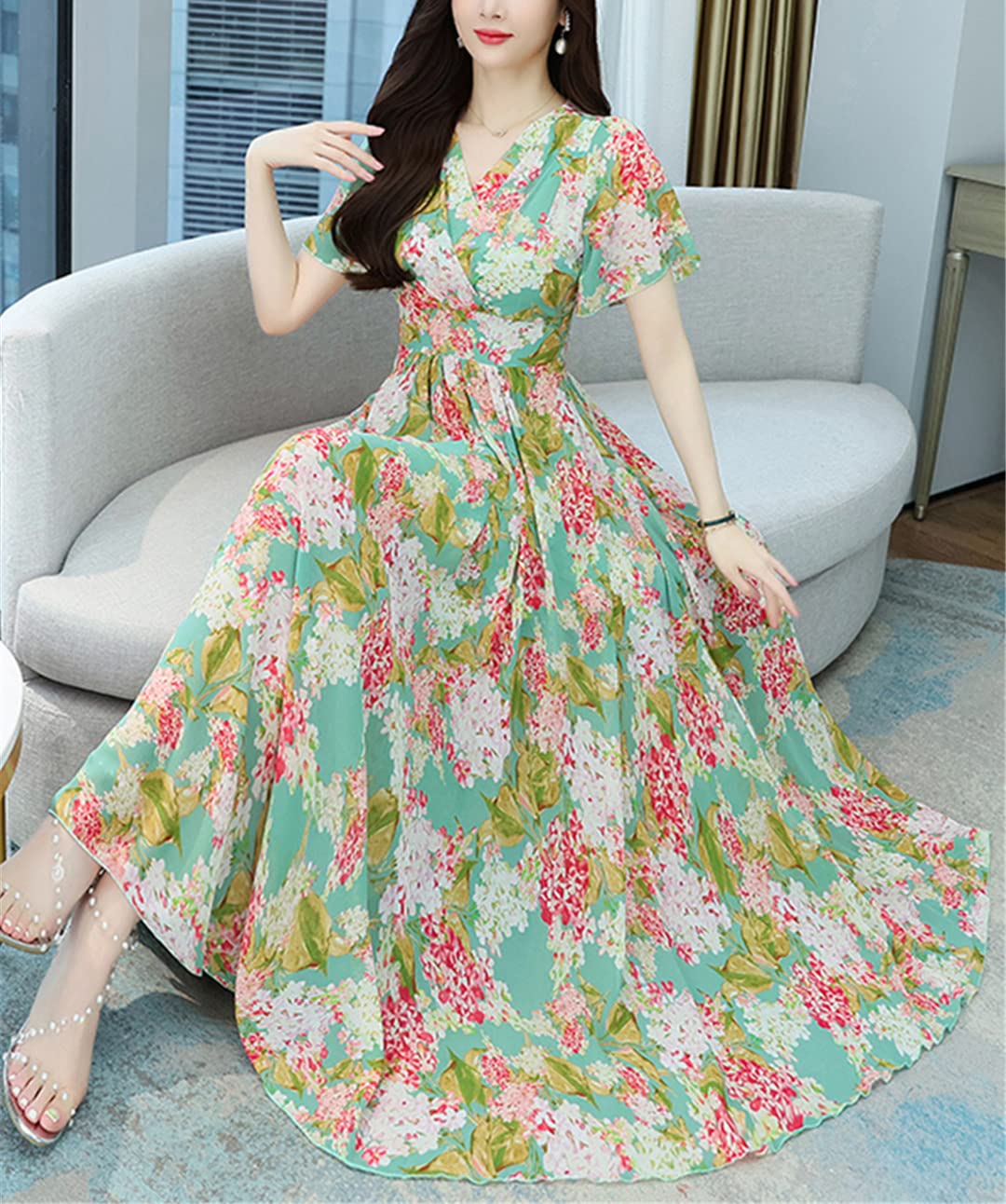 Abito estivo da donna, lungo, in chiffon, floreale, con scollo a V, per feste