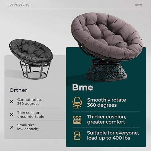 Miniatura 4 de Bme Silla Papasan ergonómica de mimbre de 40 pulgadas con cojín de tela de densidad gruesa y suave, marco de acero de alta capacidad, giro de 360