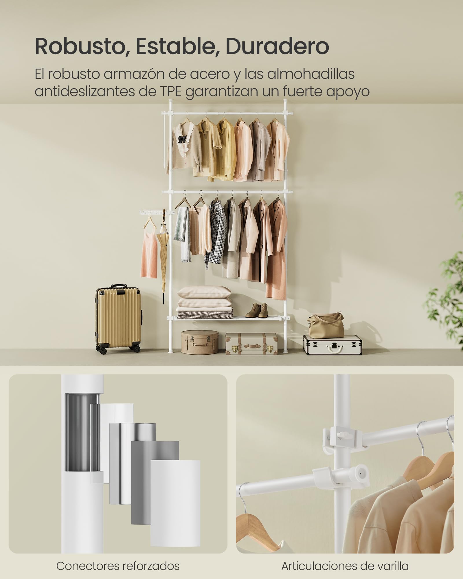 SONGMICS Perchero de piso a techo ajustable, 3 niveles, barra de ropa, organizador de armario, blanco mate
