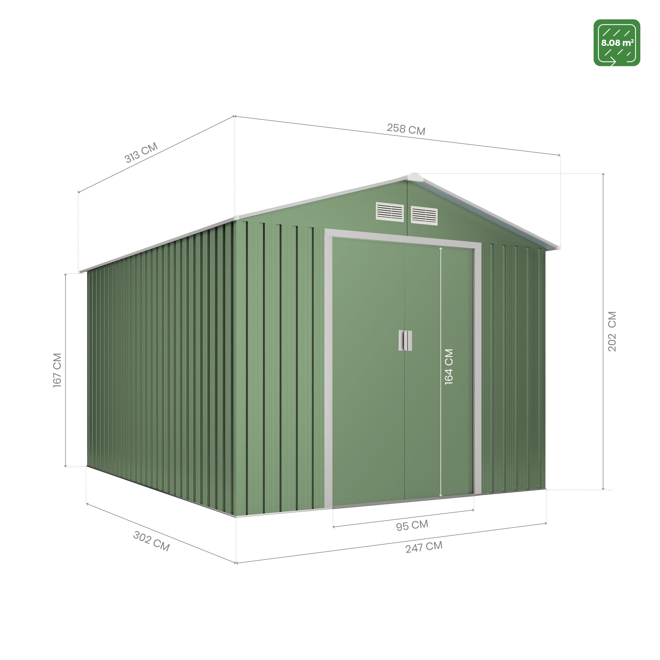 Wasabi - Caseta Jardín Exterior 8,08m2 Light Green - 258x313x202cm - Doble Puerta Corredera - Rejillas Ventilación - Techo a 2 Aguas - Cobertizo de Almacenamiento Metálico