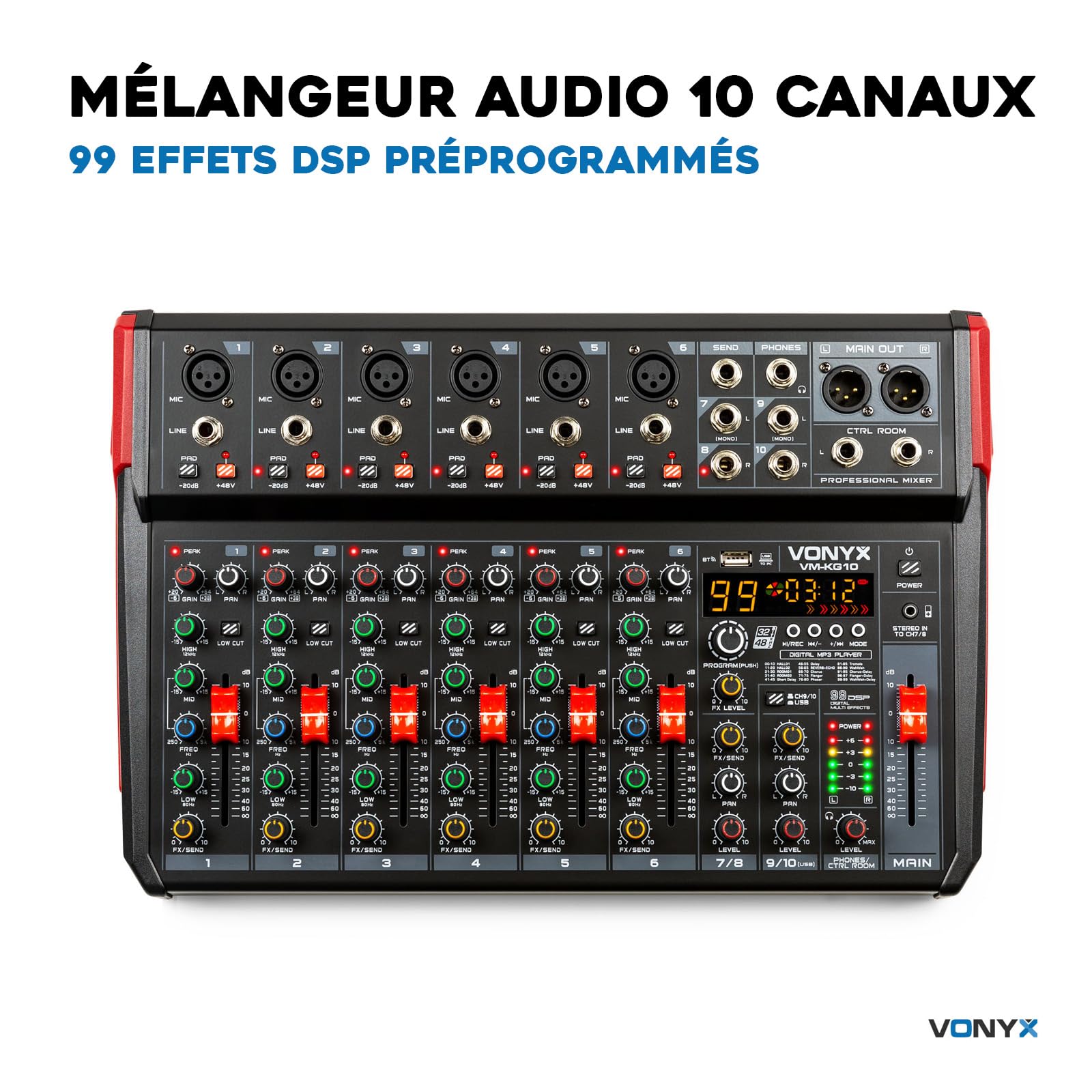 Vonyx VM-KG10 Console de Mixage 10 Canaux - Avec Bluetooth, Lecteur MP3, Interface Audio USB, Processeur de Son, Alimentation Fantôme, Écran LED, Idéal pour les Bars, Petite Salles de Concerts
