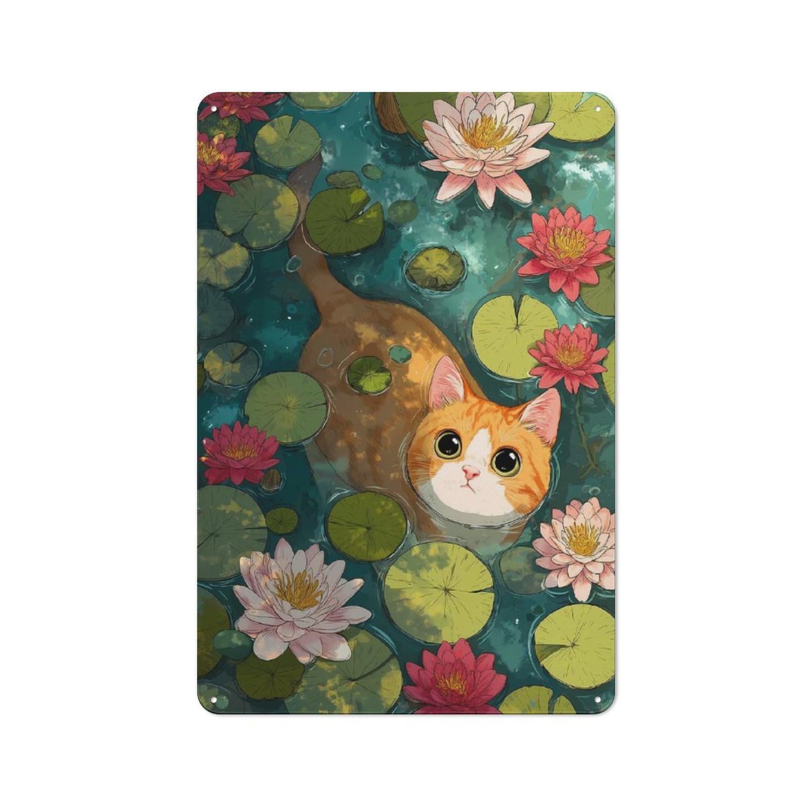 Junmoney Orange Cat Swim In Lily Pond Tin Wall Plaque 30X20cm With For Hobby Room Or Studio, New Home Wall Decor For Creative Interior Collectors