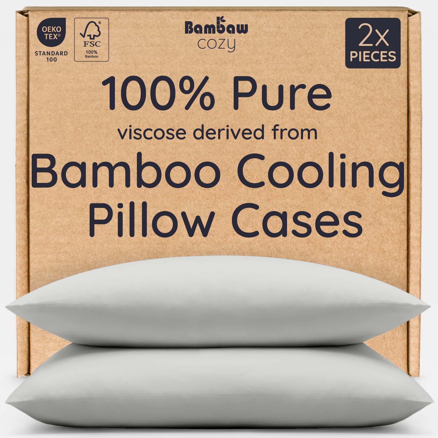 bambaw 100% viscose derived from bamboo pillowcases standard size – set of 2 cooling pillow cases standard size, super soft pillow cases with envelope closure, anti acne pillow case (moonlight gray)