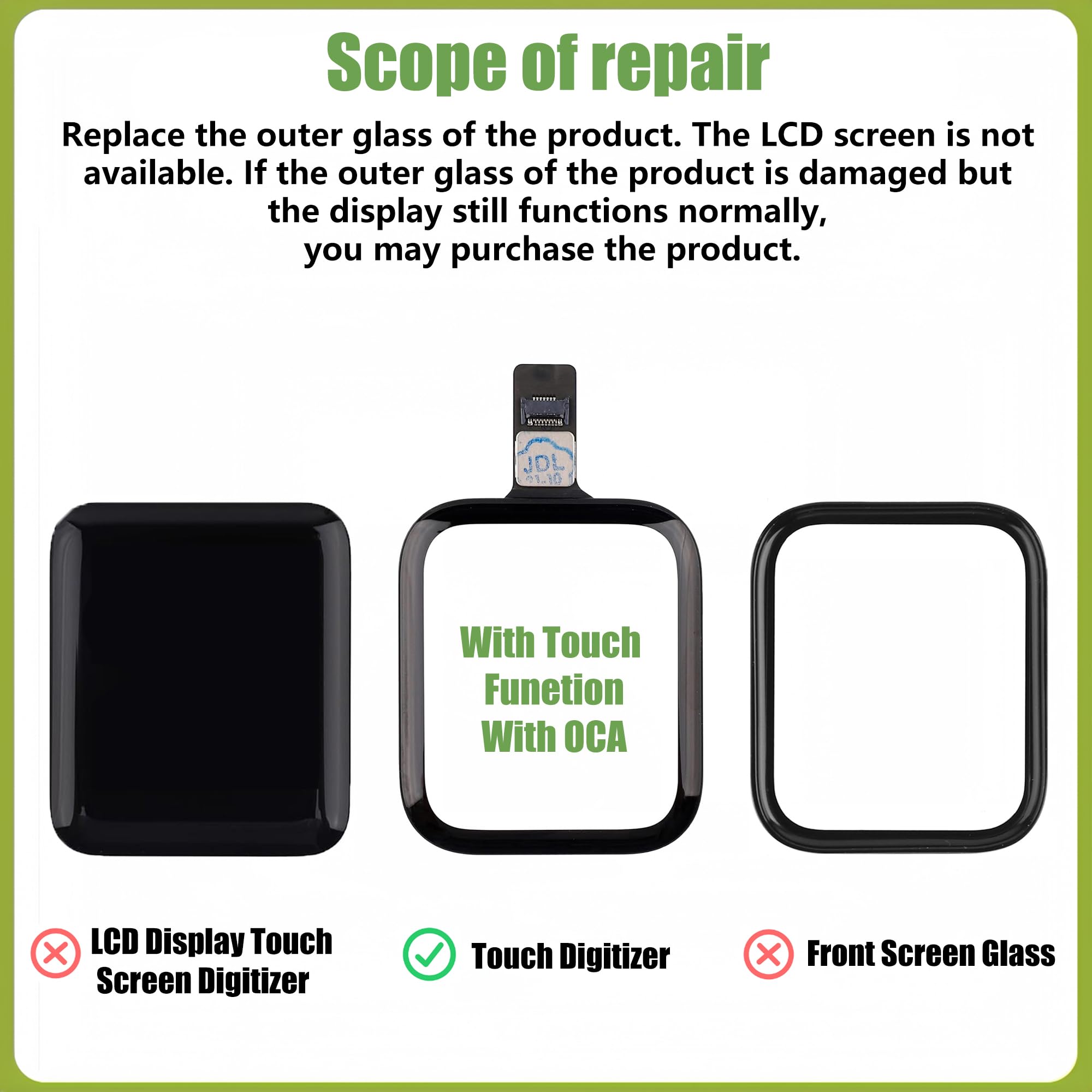 Juego de reparación de cristal frontal Apple Watch Series 6 44 mm con función táctil OCA