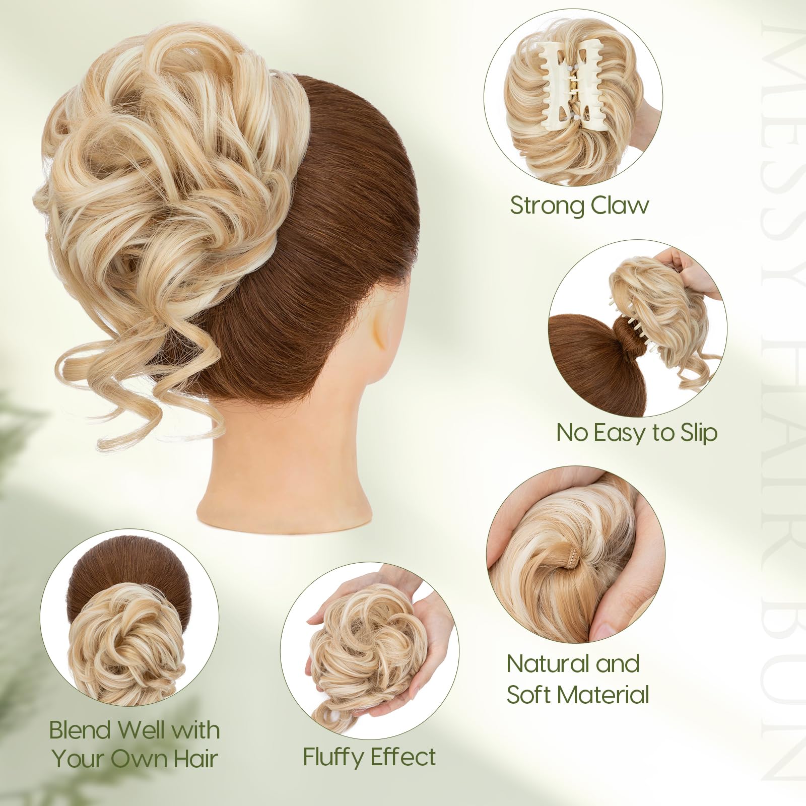 Benehair Messy Bun Hair Piece Wavy Curly Claw Clip Hair Bun Extensions Synthetic Hair Bun Donut Accessories Scrunchies Hair Pieces for Women(Light Brown mix Blonde - Image 3