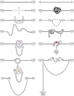 13PCS Industrial Piercing Jewelry Surgical Steel 14G Industrial Earrings Barbell With Chain Snake Moon Cartilage Helix Piercing Earrings Industrial Bar Jewelry For Women Men