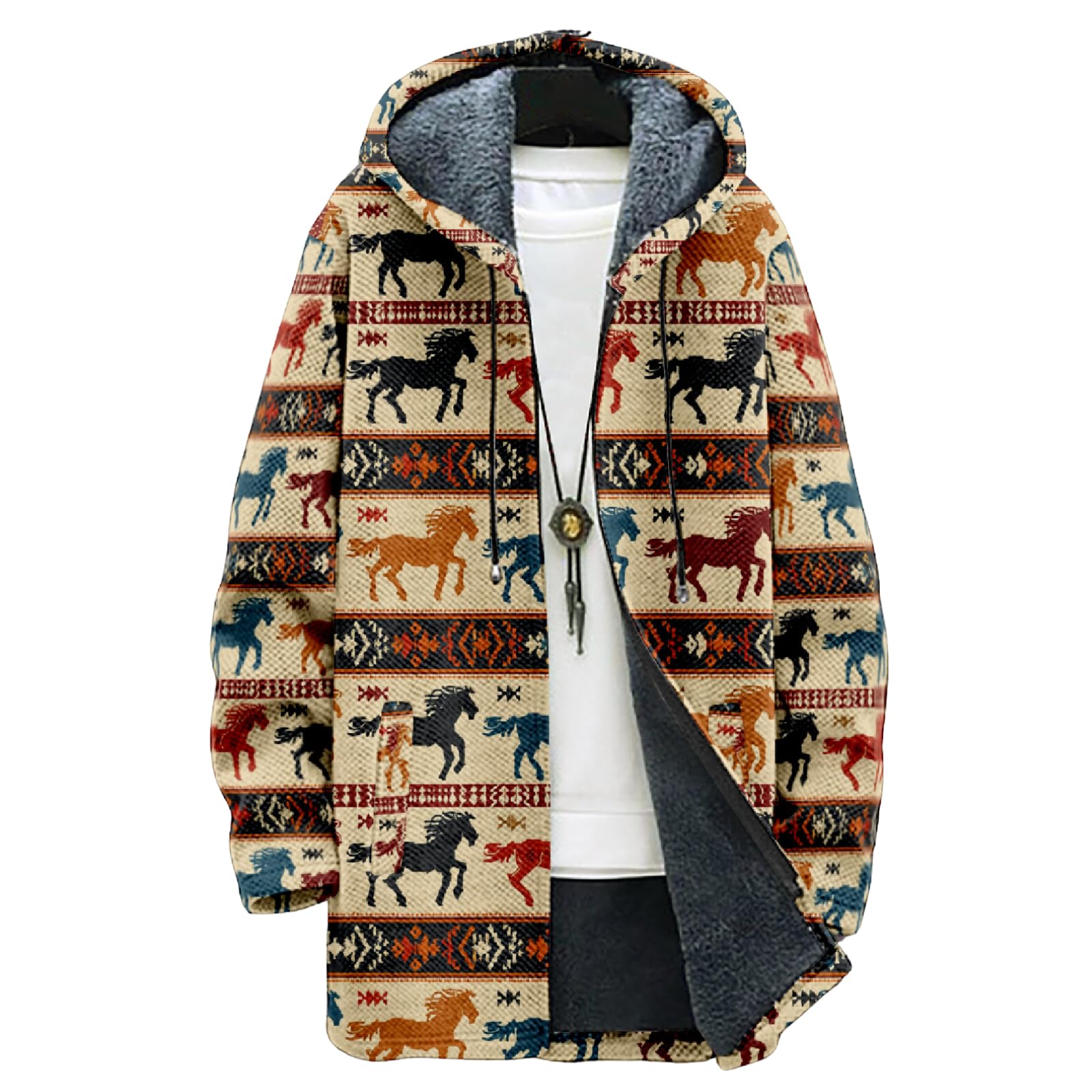 LOAIHA Mens Hooded Cardigan Aztec Jacket Men Western Hoodies Fleece Lined Zip Up Cardigan Knit Sweater Coats with Pockets