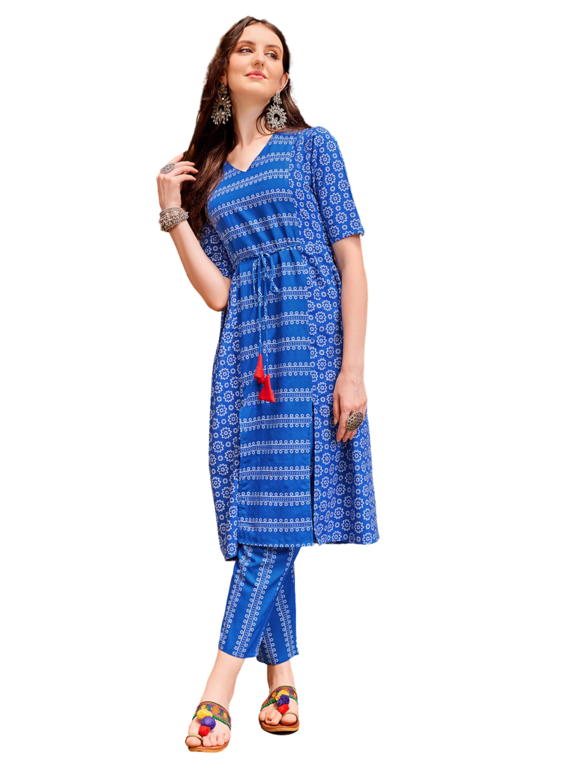 EthnicJunction Women's Blue Pure Cotton Printed Kurta and Pant Set