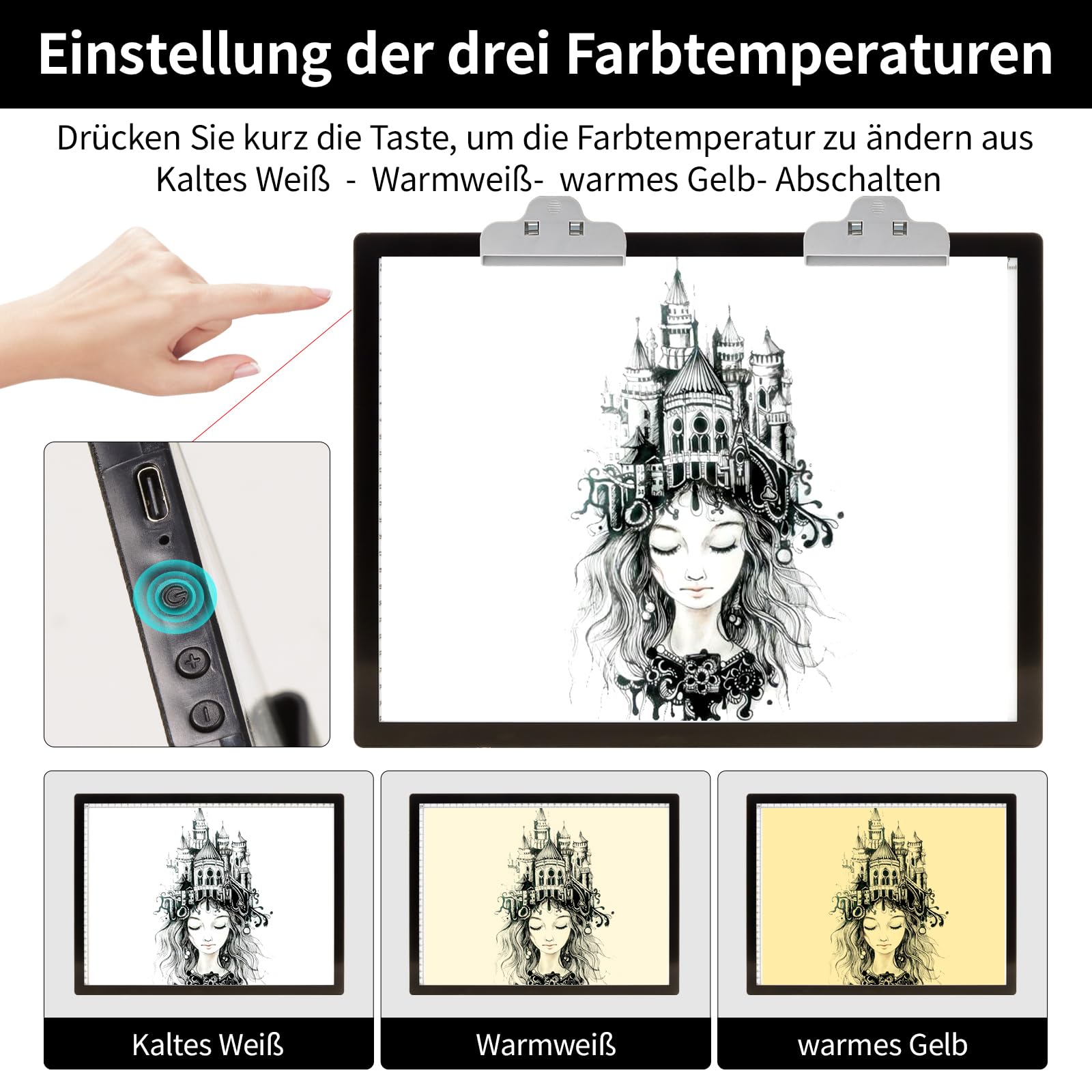 iVAOOZE Leuchttisch A3 mit Ständer/clips,3000mAH Batterie Wiederaufladbares lichtpad,3 Farben dimmbar und 6 Helligkeitsdimmen Lichtplatten für Zeichnung,Diamond Painting,Skizzieren,Tattoo,Designen