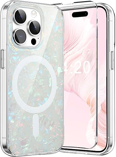 Funda MagSafe compatible con iPhone 15 Pro Max para mujeres y niñas, funda magnética de ópalo perlado con purpurina iridescrent para iPhone 15 Pro