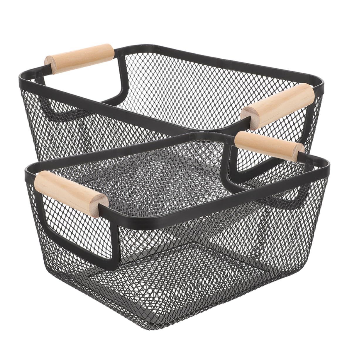 2 Stück Schwarze Metall Aufbewahrungskörbe mit Holzgriff Multifunktionale Drahtkörbe aus Eisen für Schlafzimmer und Wohnzimmer Stapelbarer Organizer mit Nordic Design