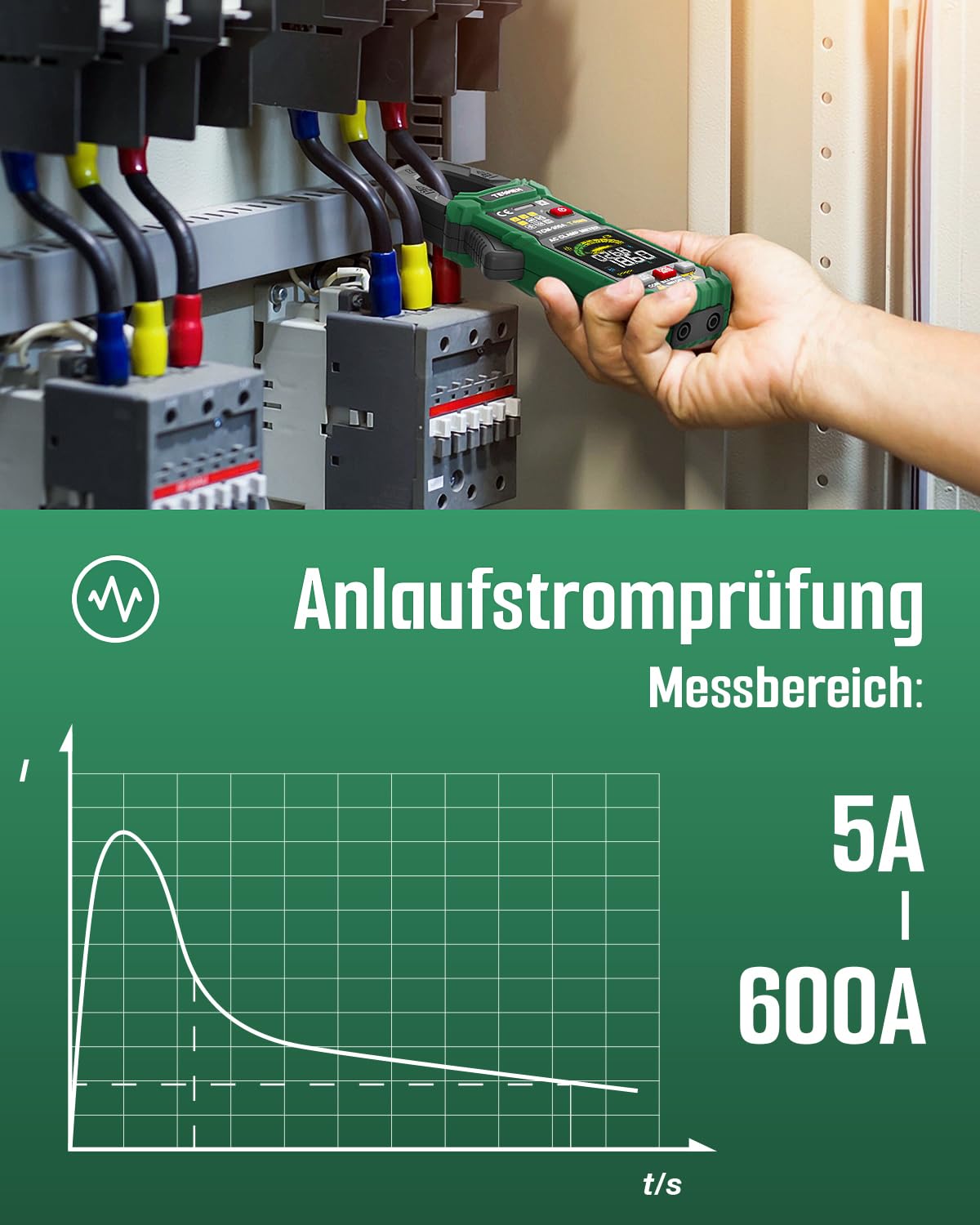 TESMEN TCM-300A Digital Clamp Meter 6000 Counts T-RMS Amperemeter Auto-Ranging Multimeter Voltmeter mit AC-Strom AC/DC Spannung NCV/Live Wire Einschaltstrom Widerstand Diode Temperatur – Grün