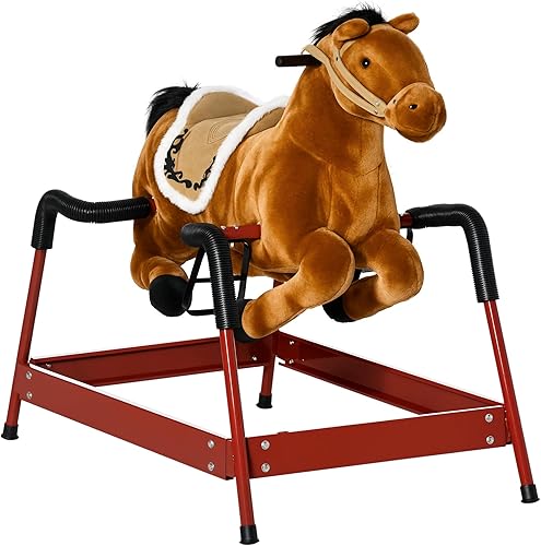 Vista 10 de Qaba Caballo mecedor de primavera para niños, caballo para niñas y niños con sonidos de animales, juguete de peluche con sensación suave, juguete