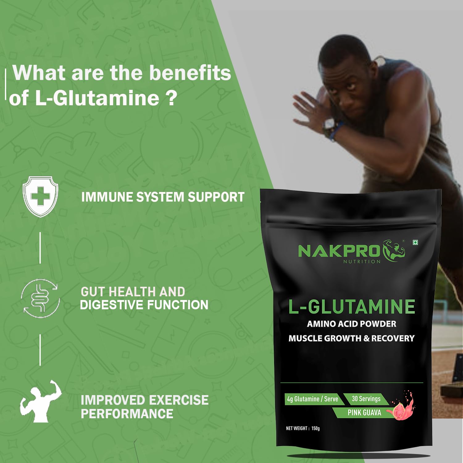 Nakpro L-Glutamine Powder | 4g Glutamine Per Serving, 30 Servings | Post Workout Amino Acid Supplement for Muscle Growth and Recovery (Pink Guava, 150g) — Amazon image 3