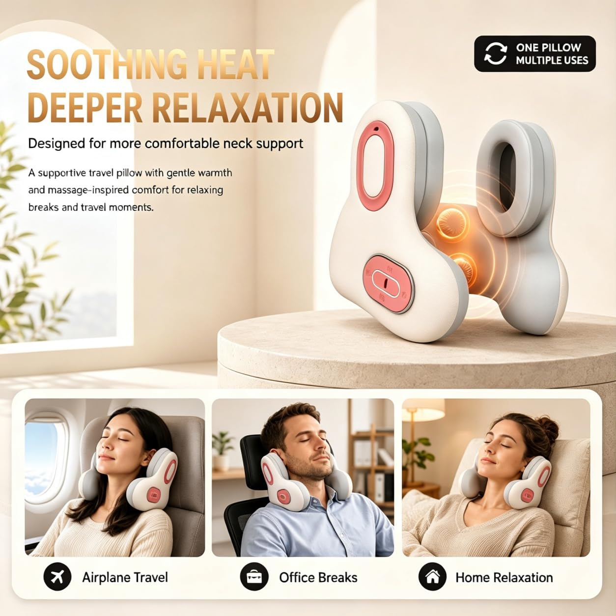 Almohada de Viaje Musical 3 en 1 Bluetooth con Calor y Masaje,masaje de cuello ANC, almohada portátil en forma de U,Coche y Descanso Diarioasaje