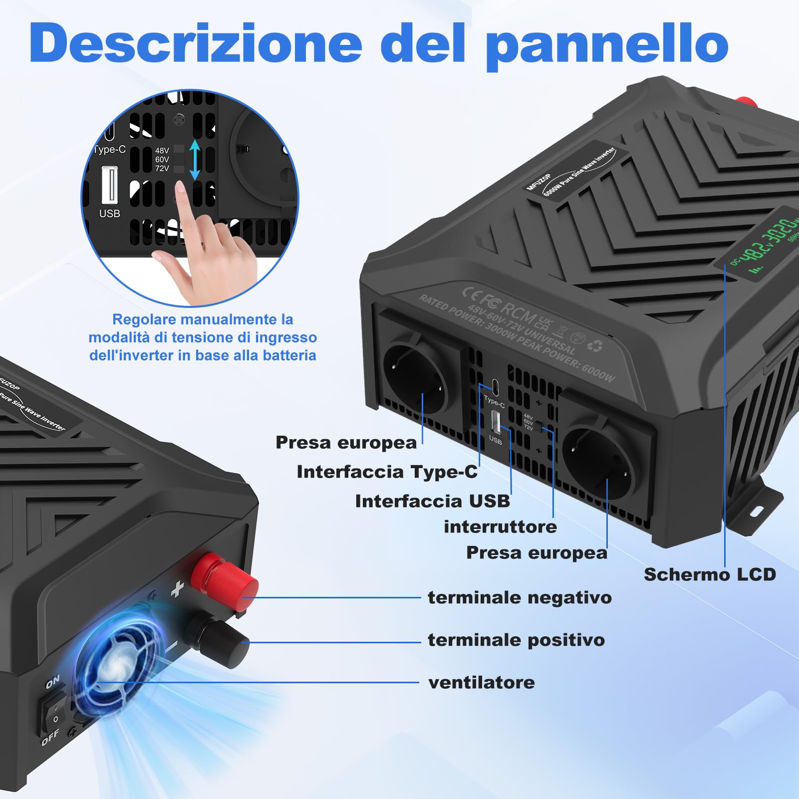 MFUZOP Power Inverter 48V/60V/72V a 230V Onda Pura 3000w/6000w, Convertitore di Tensione con Sistema di Rilevamento Intelligente, Ingresso Regolabile, Display LCD, 2 AC, 1 Type-C, 1 USB 5V 2.1A