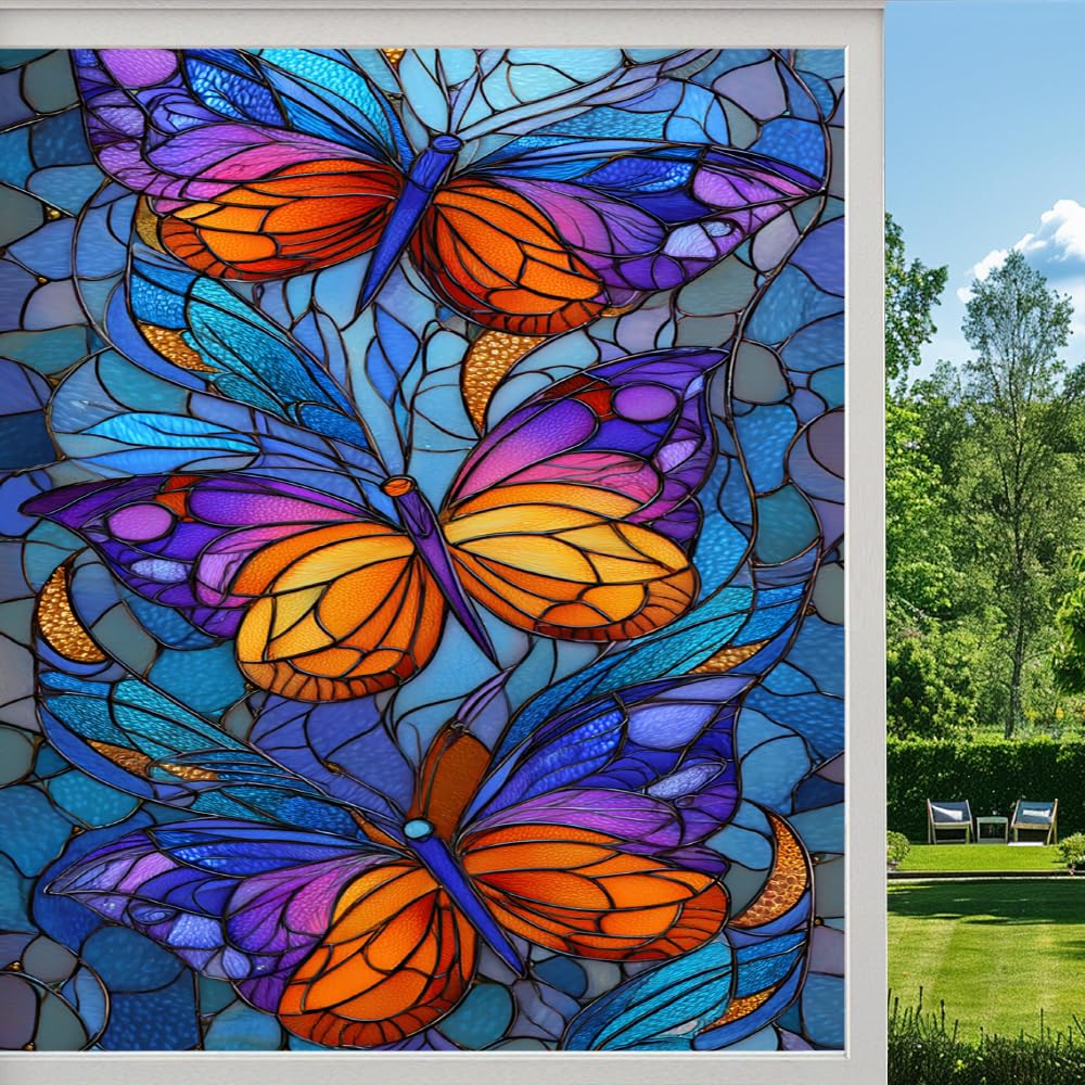 Pmlbaous Abstract Butterfly Frosted Window Film, Artistic Colorful Butterflies Stained Glass Privacy Film, Heat Insulation Self-Adhesive Vinyl For Bathroom Office, （90X160cm）