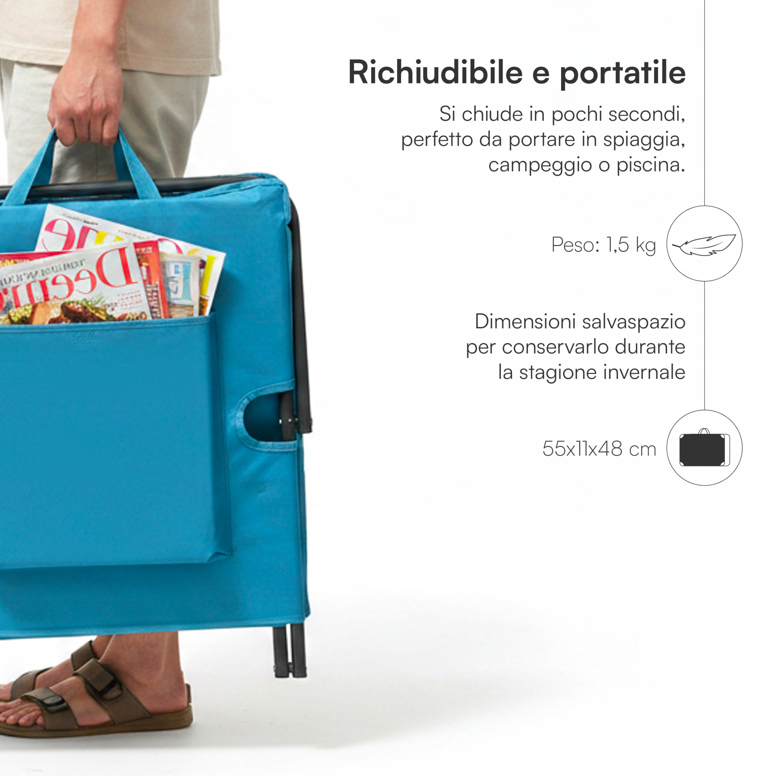 Baroni Home Lettino Prendisole Pieghevole con Cuscino 48x150x52 cm Celeste