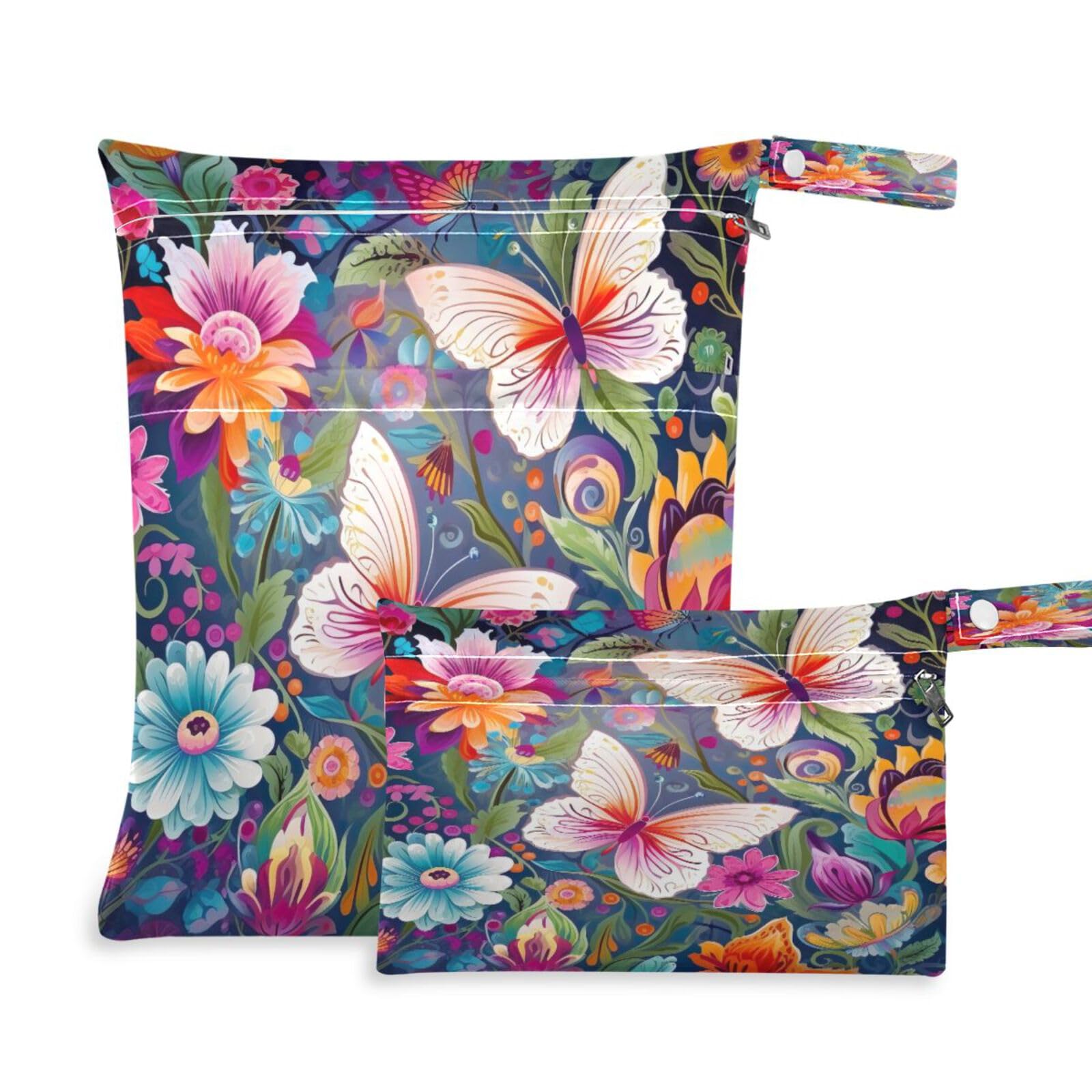 ATTX Colorful Butterflies Wet Dry Bags 2-Pack - Reusable Cloth Diaper Storage for Travel, Beach & Gym | Multi-Use Waterproof Bags for Swimsuits, Baby Clothes, Sports Gear#316