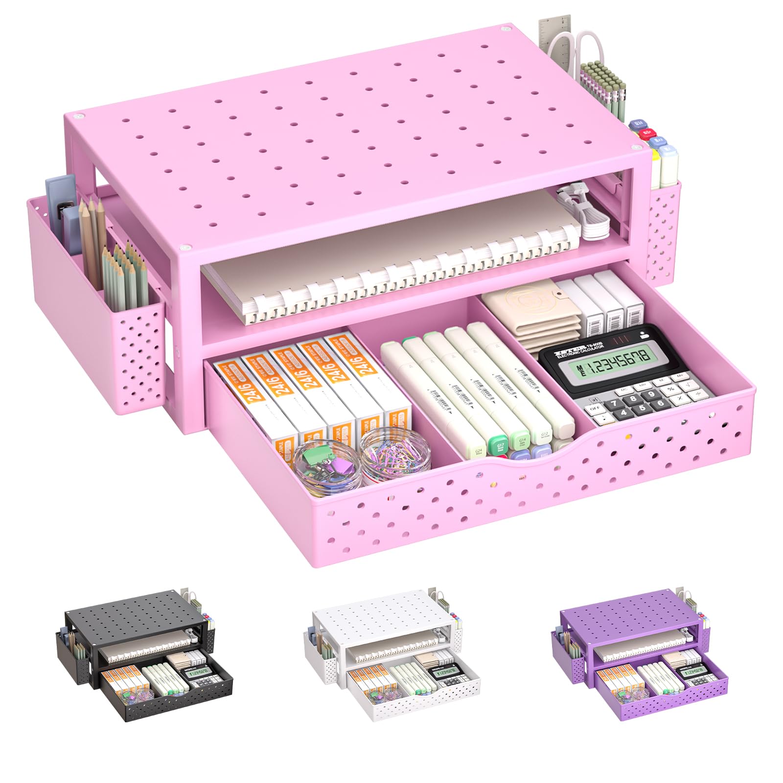 WALI Desk Organizer with Drawer and Pen Holder, 3 Tier Computer Monitor Stand for Home Office Supplies, Laptop Stand Riser for Computer, Laptop, Printer(PTT004-P), 1 Pack, Pink