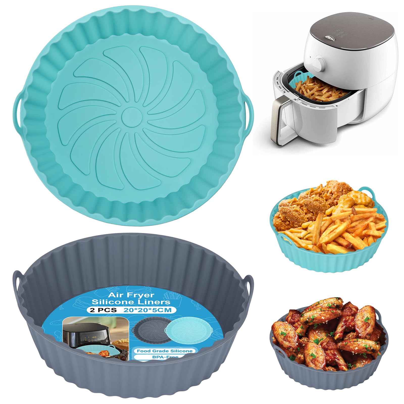 Alyvisun Air Fryer Silicone Liners, 2PCS Reusable Airfryer Basket Baking Tray Inserts Versatile Round Rack Pot for Microwave, Oven (Grey+Blue)