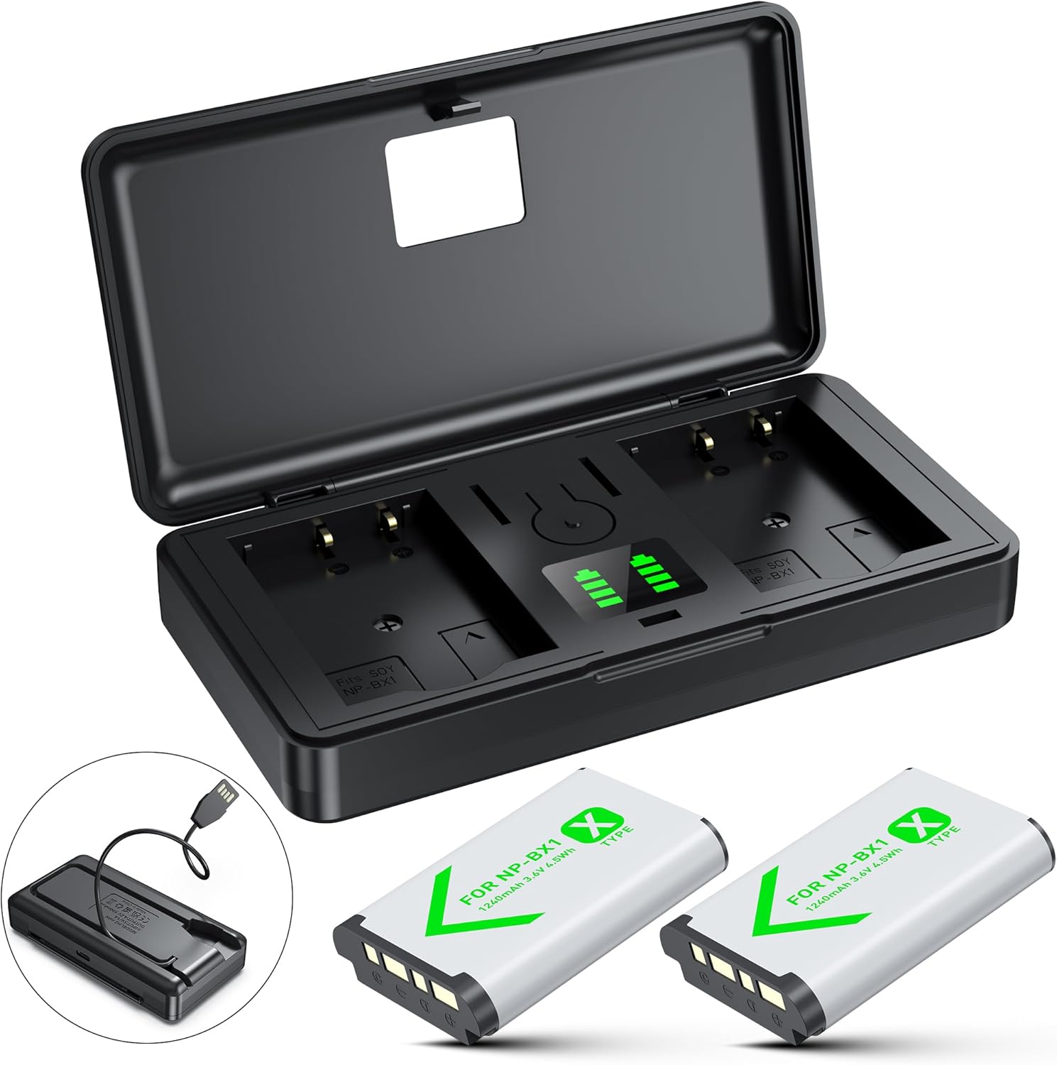 NP-BX1 Battery(2-Pack) and Charger(2-Channel) Set,Digital Camera Accessories Kit for Sony Lithium Ion Replacement ZV1,ZV1F,ZV-1F,RX100 Vii(II/III/IV/VA),HX400/300/50R,Rechargeable Extra Batteries Case