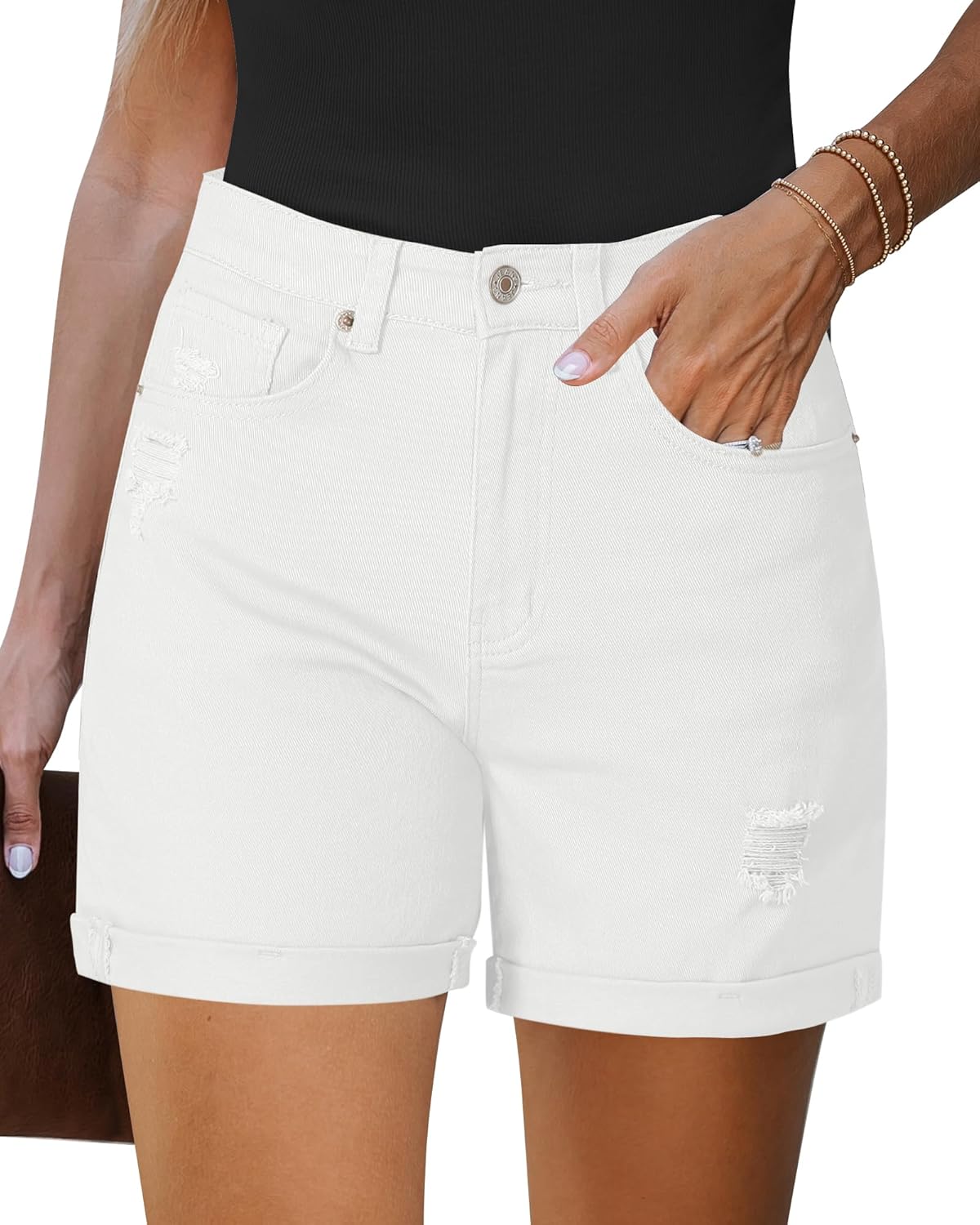 LookbookStore Jean Shorts Womens Stretchy High Waisted Ripped Denim Shorts with Pockets Trendy Distressed Cut Off Shorts