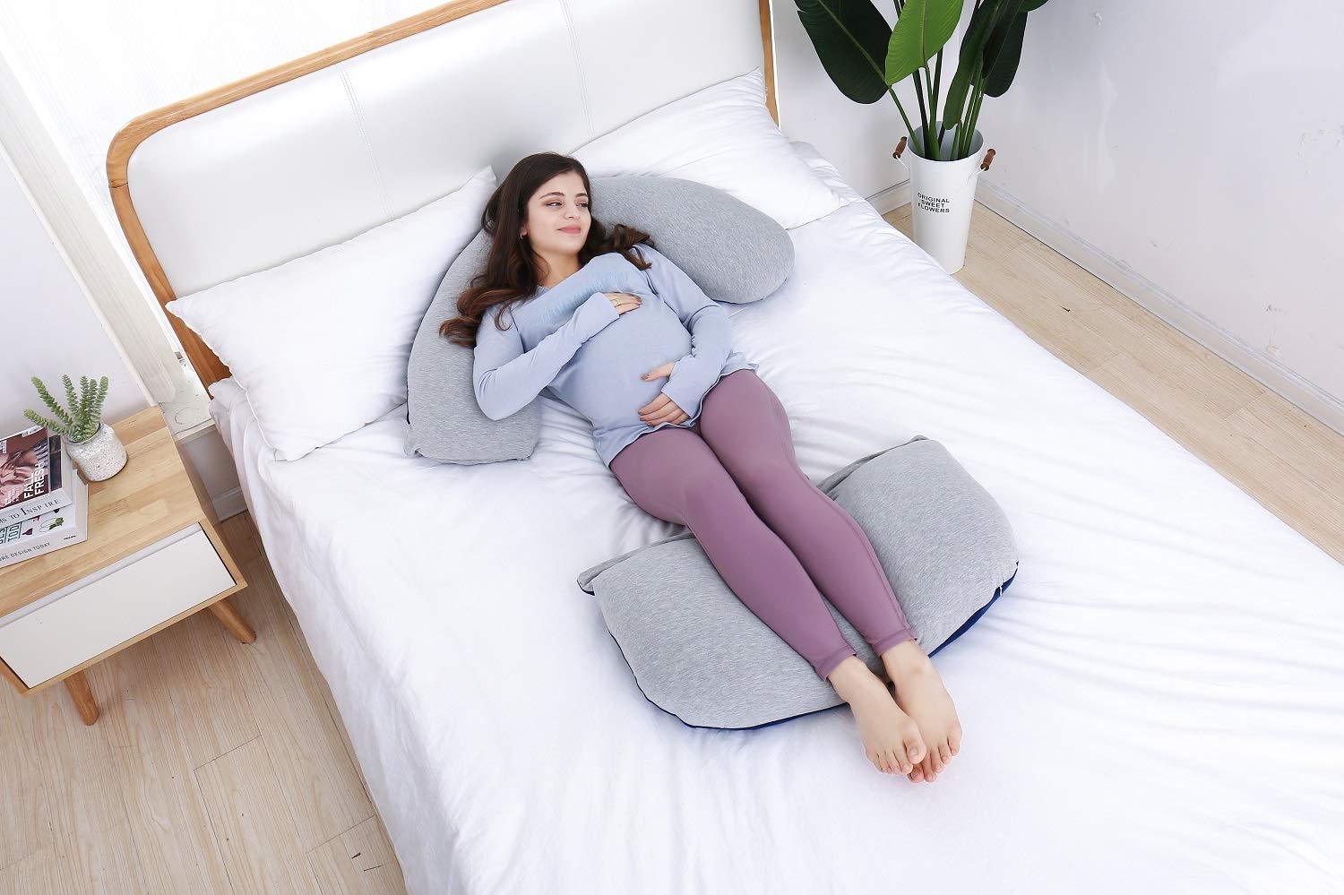 Pulgadas Almohada Maternidad y Embarazo | Almohada Extra Grande en Forma de U con Lado Desmontable, Almohada de Apoyo Independiente y Funda extraíble (Azul,Gris)