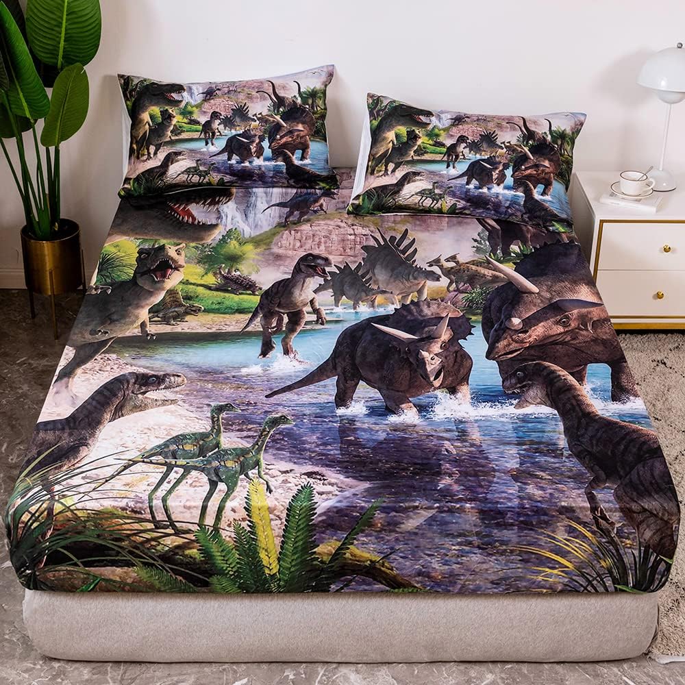 qjmiaofang Dinosaur Sheets 3Pieces 3D Dinosaur Bedding Set for Teens Boys Ancient Age T-Rex Dinosaur Fitted Sheet with 2 Pillowcases Realistic Animal Dinosaur Printed Home Bedroom Decor