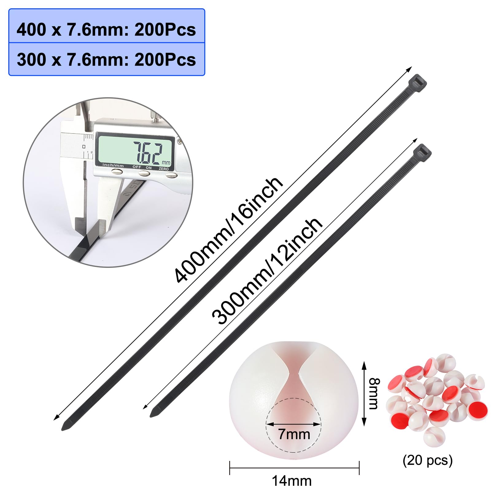Zestaw 400 czarnych opasek kablowych, nylonowe opaski na zamek błyskawiczny 300/400 mm x 7,6 mm z 40 klipsami kablowymi, wytrzymałość na rozciąganie, wytrzymałe, samoblokujące się plastikowe opaski do