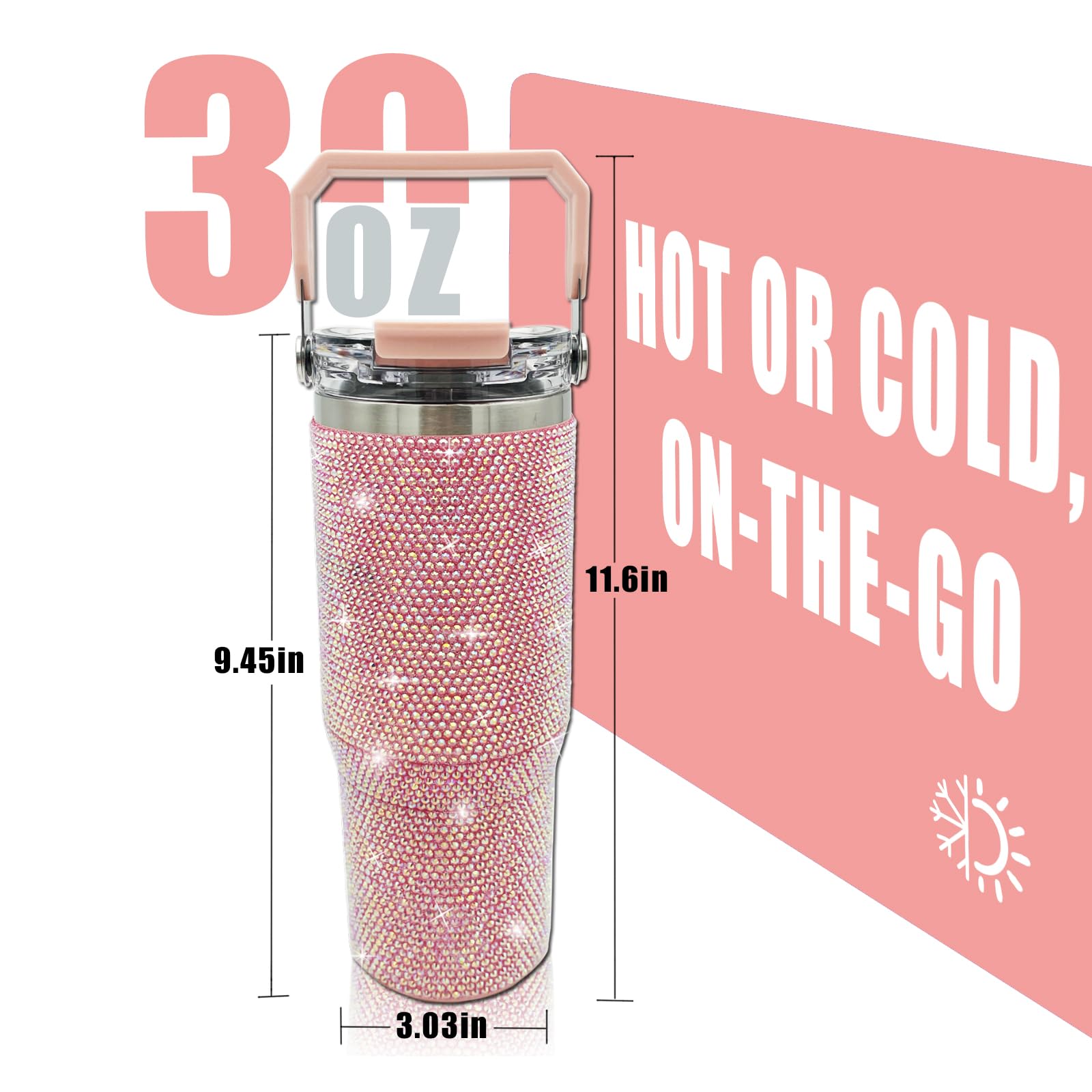 Light Pink Bling Tumbler - 30oz Sparkly Stainless Steel Cup With Handle & Straw - View #9