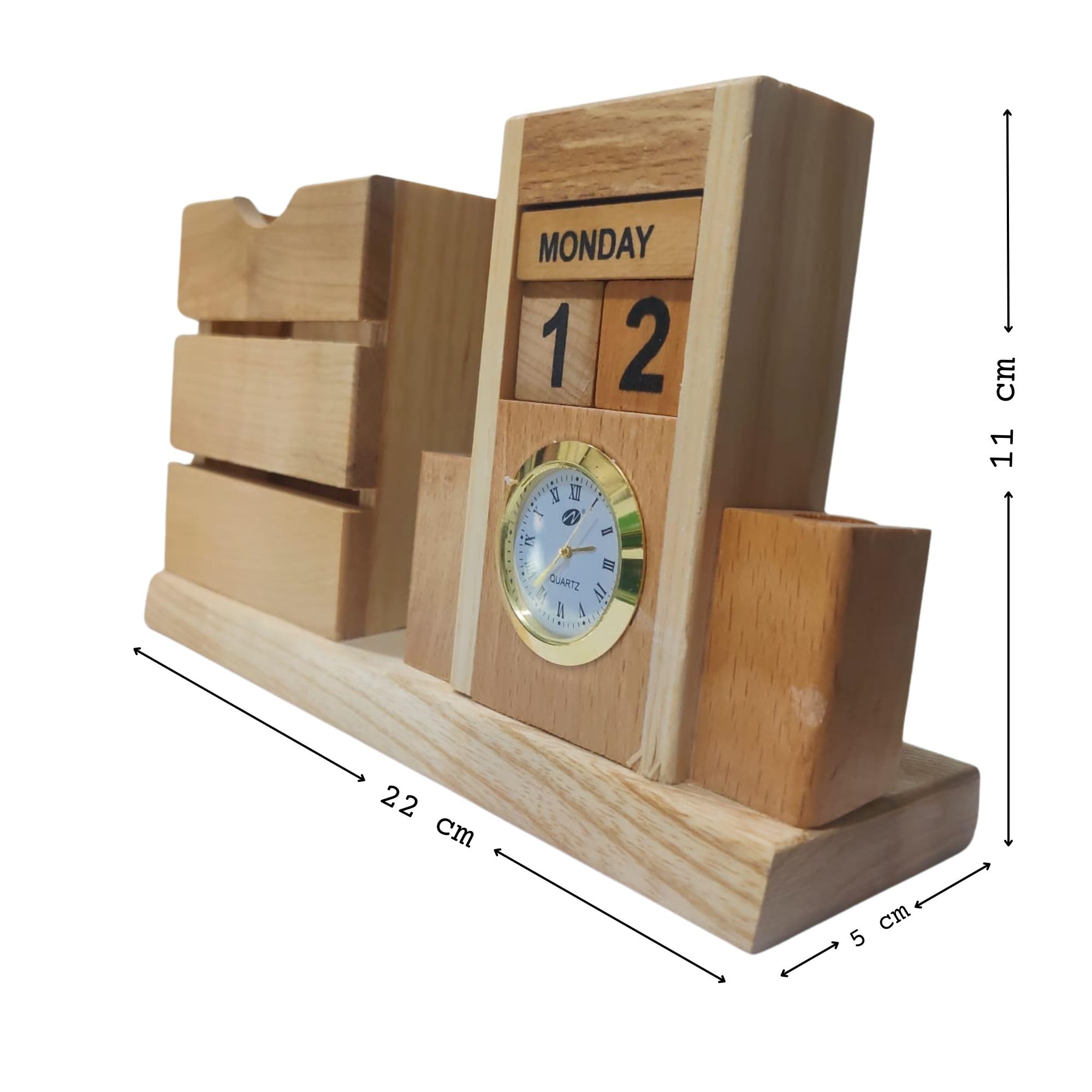 SHAYONA Wooden Desk Organizer with Perpetual Calendar, Clock, Phone Holder, Pen Stand & Drawers β Customizable Office Accessory & Gift for Professionals 1