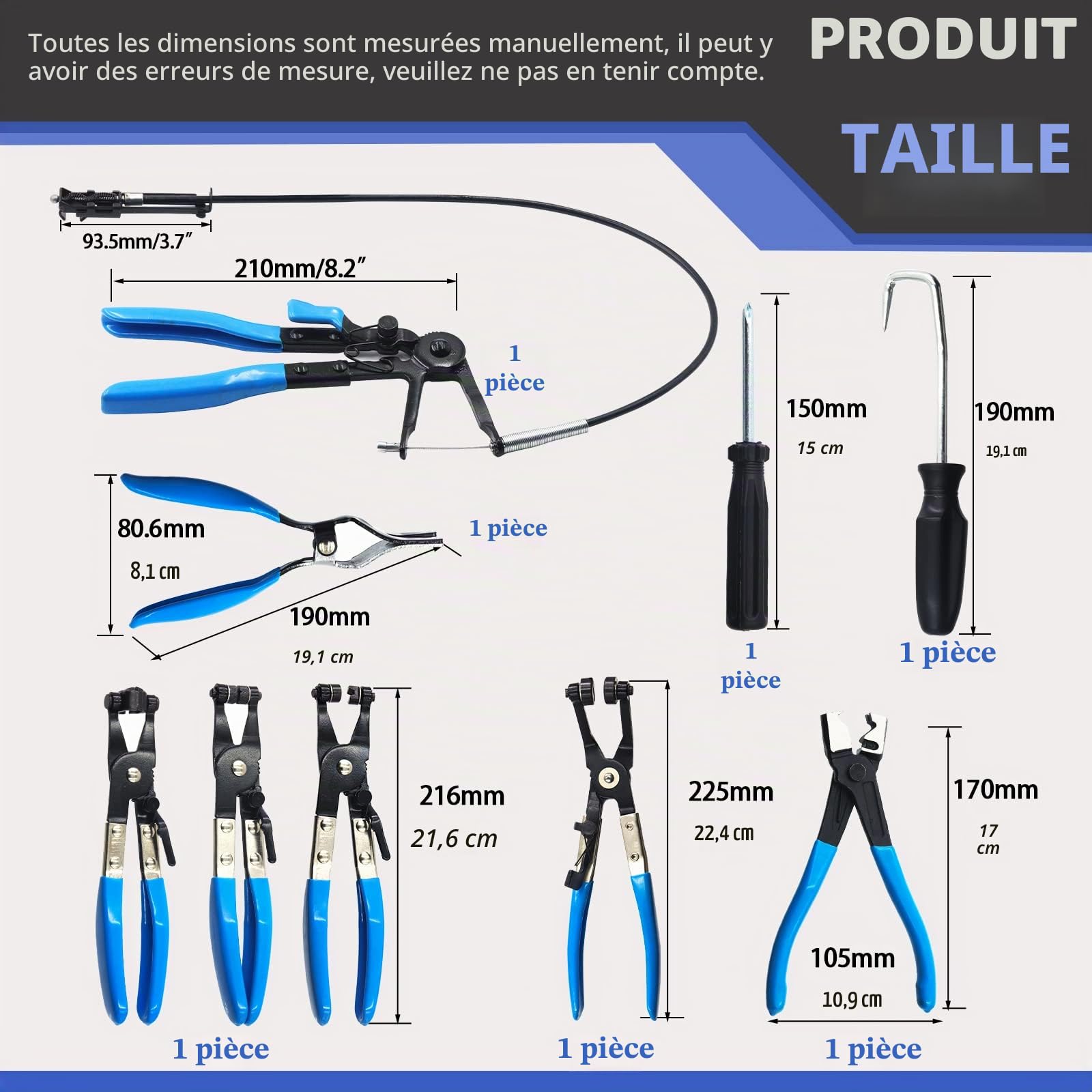Swpeet Lot de pinces à collier de serrage avec étui et pince spéciale avec câble Bowden (bleu)