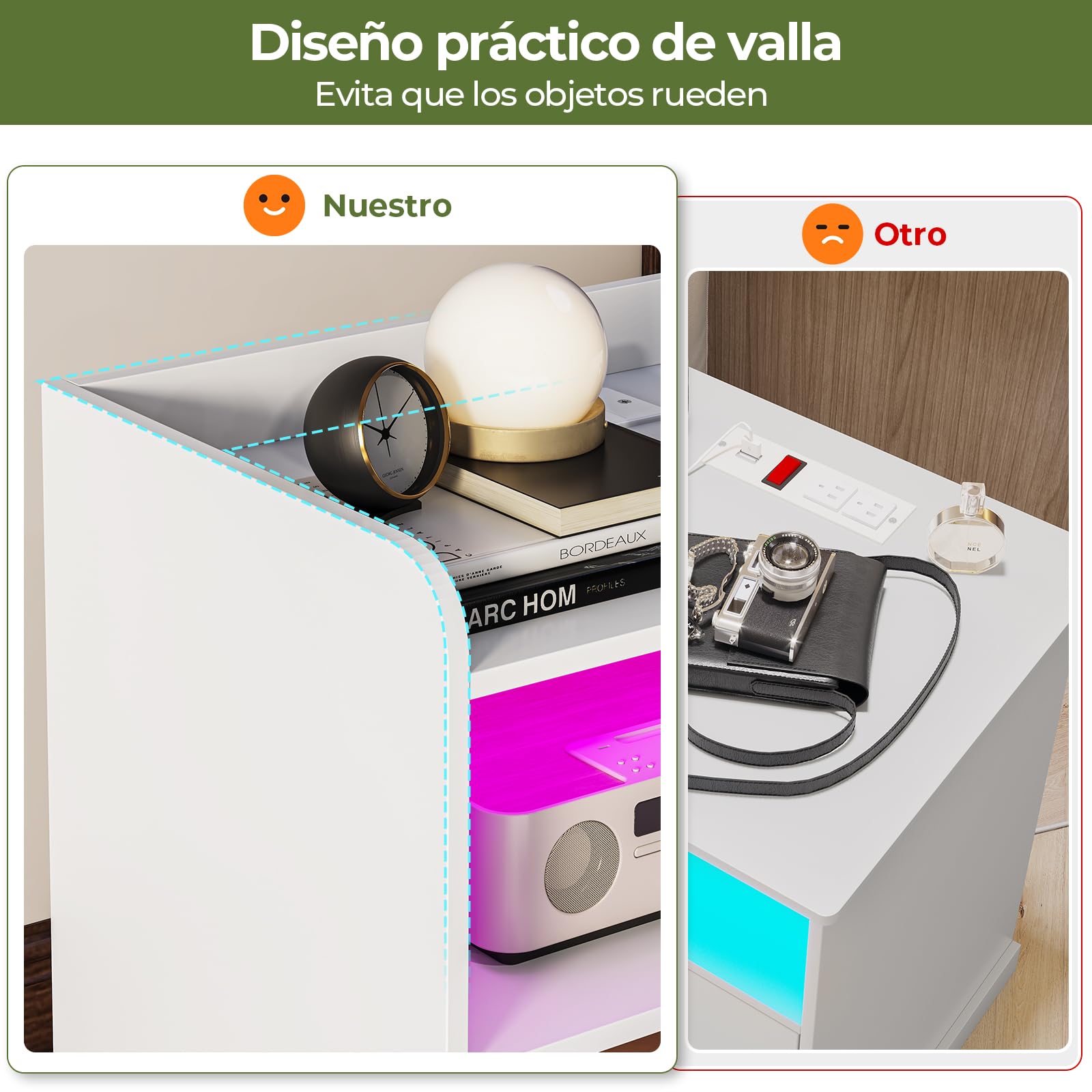 Brinlawb Juego de 2 Mesitas de Noche con luces LED y Estación de Carga (2 Tomas AC, 2 Puertos USB) Mesita de Noche Blanca Mesas Auxiliares con 1 compartimento abierto y 2 cajones para Dormitorio Salón