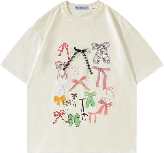 Aelfric Eden Bow Shirt for Women Oversized Graphic Tees Y2K Cute Print Short Sleeve T-Shirt Casual Summer Cotton Top
