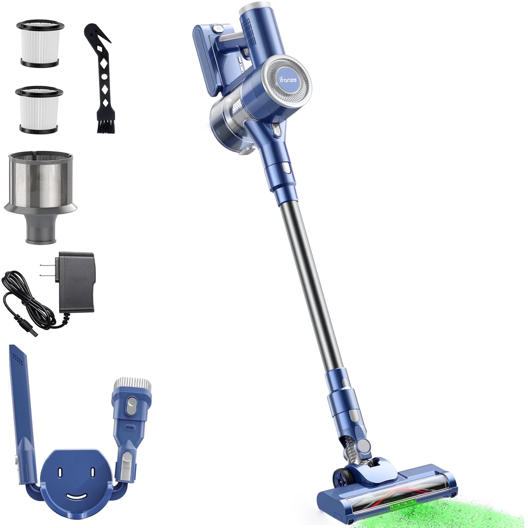 TBBSC Cordless Vacuum Cleaner for Home, Green LED Lights Self-Standing Stick Vacuum with Rechargeable 2200mAh Detachable Battery for Hardwood Floors, Carpets, and Pet Hair