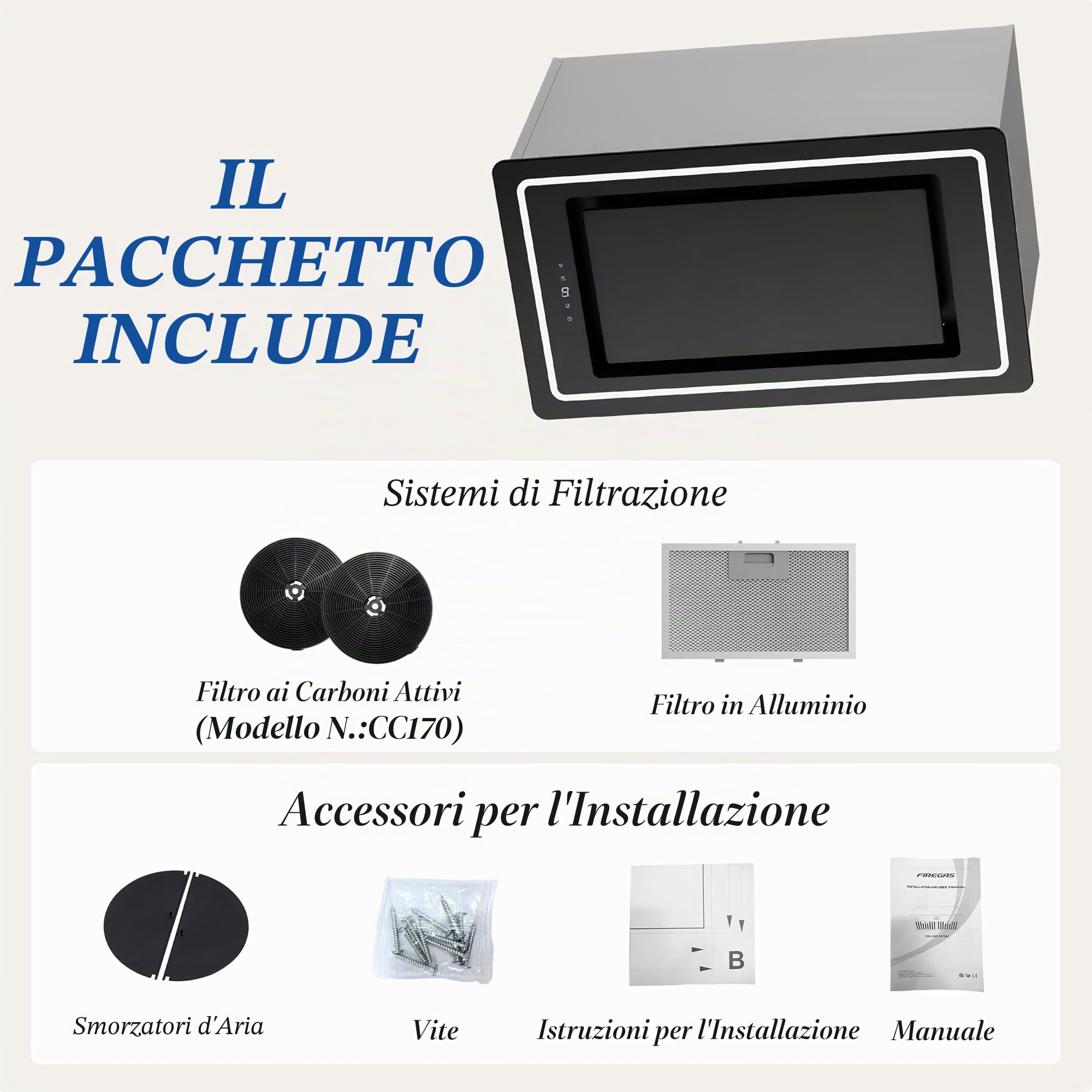 FIREGAS Cappa Aspirante 52 cm, 450 m³/h, 9 Velocità, Touch, Nera | Classe energetica A+, controllo touch, illuminazione a LED, scarico e ricircolo, filtro a carbone