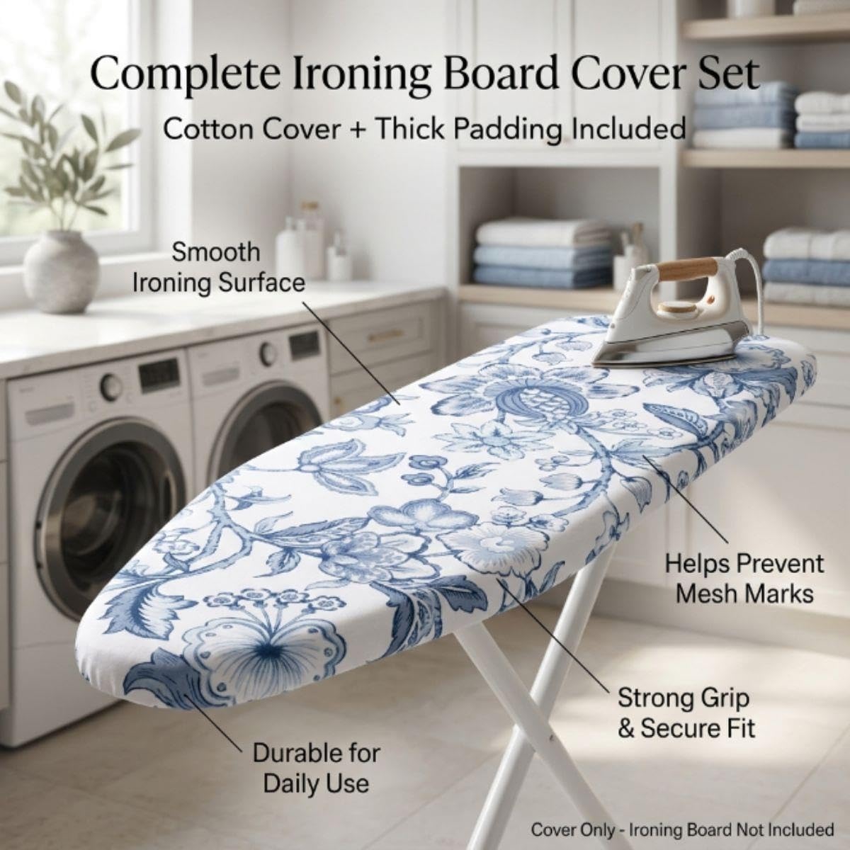 Copriasse da stiro imbottito, Telo per asse da stiro in cotone traspirante | Resistente al calore con elastico e chiusura, Misura 120x40 cm 125x45 cm 130x50 cm(Scallop,L147 x W58 CM)