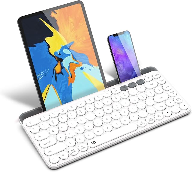 Wireless Bluetooth Keyboard, Multi Device Keyboard with Integrated Stand Supports 3 Devices Bluetooth and 2.4G Connection Battery Operated Compatible with PC, iPad, iPhone, Mac, Android Phone