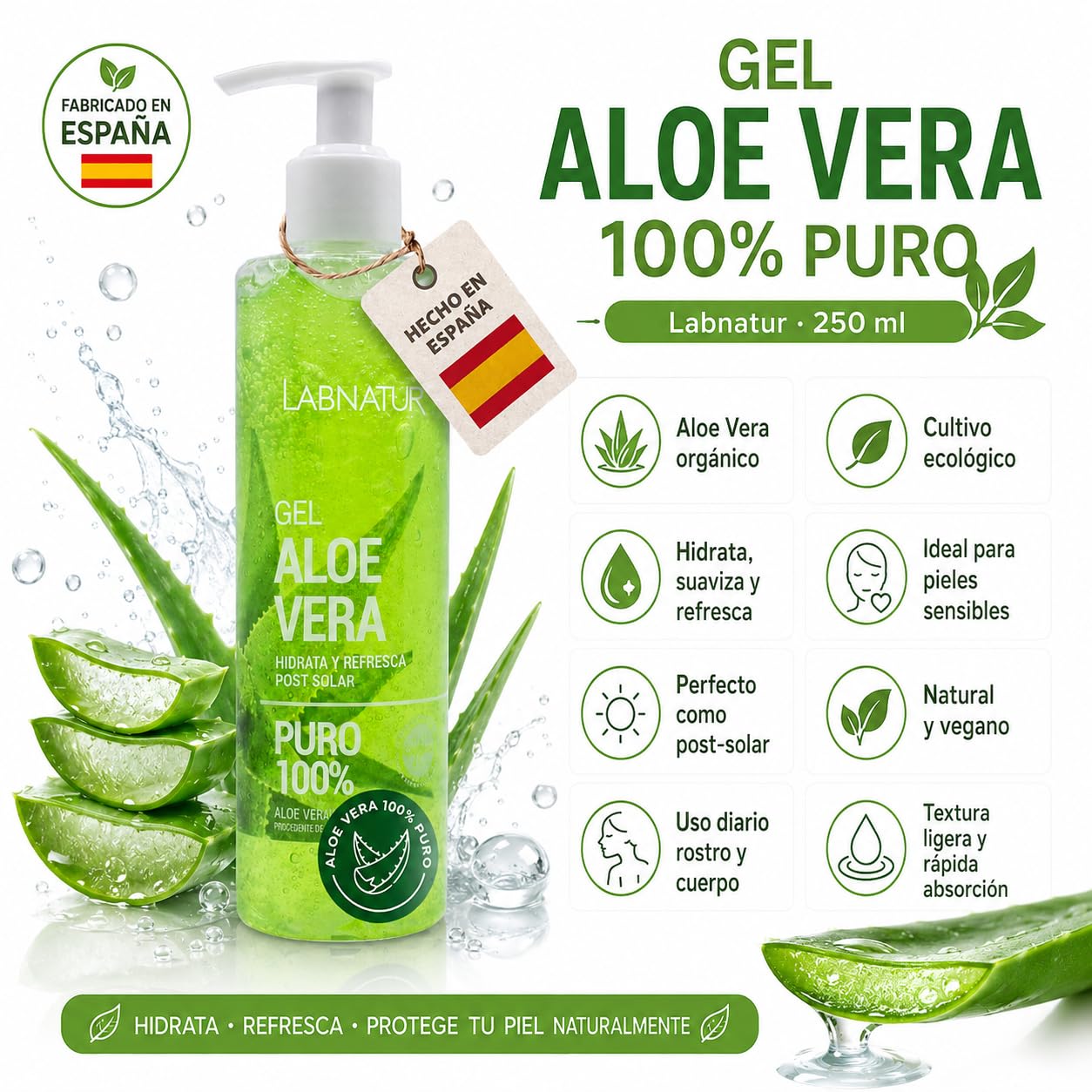 Labnatur Gel ALOE VERA 100% PURO - Ecológico y Vegano - Hidrata, Nutre, Calma y Refresca - After Sun, Post Depilación - Piel Sensible o Irritada - Rápida Absorción - Fabricado en España - 250 ml