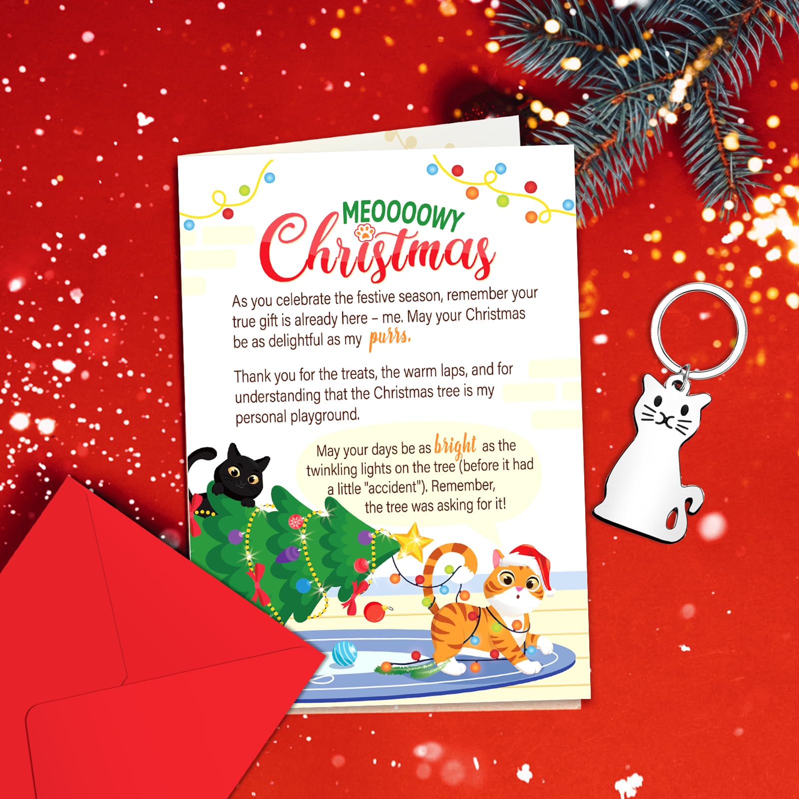 DPKOW Cat Christmas Card Keyring Gifts, Funny Christmas Card from The Cat - Image 4