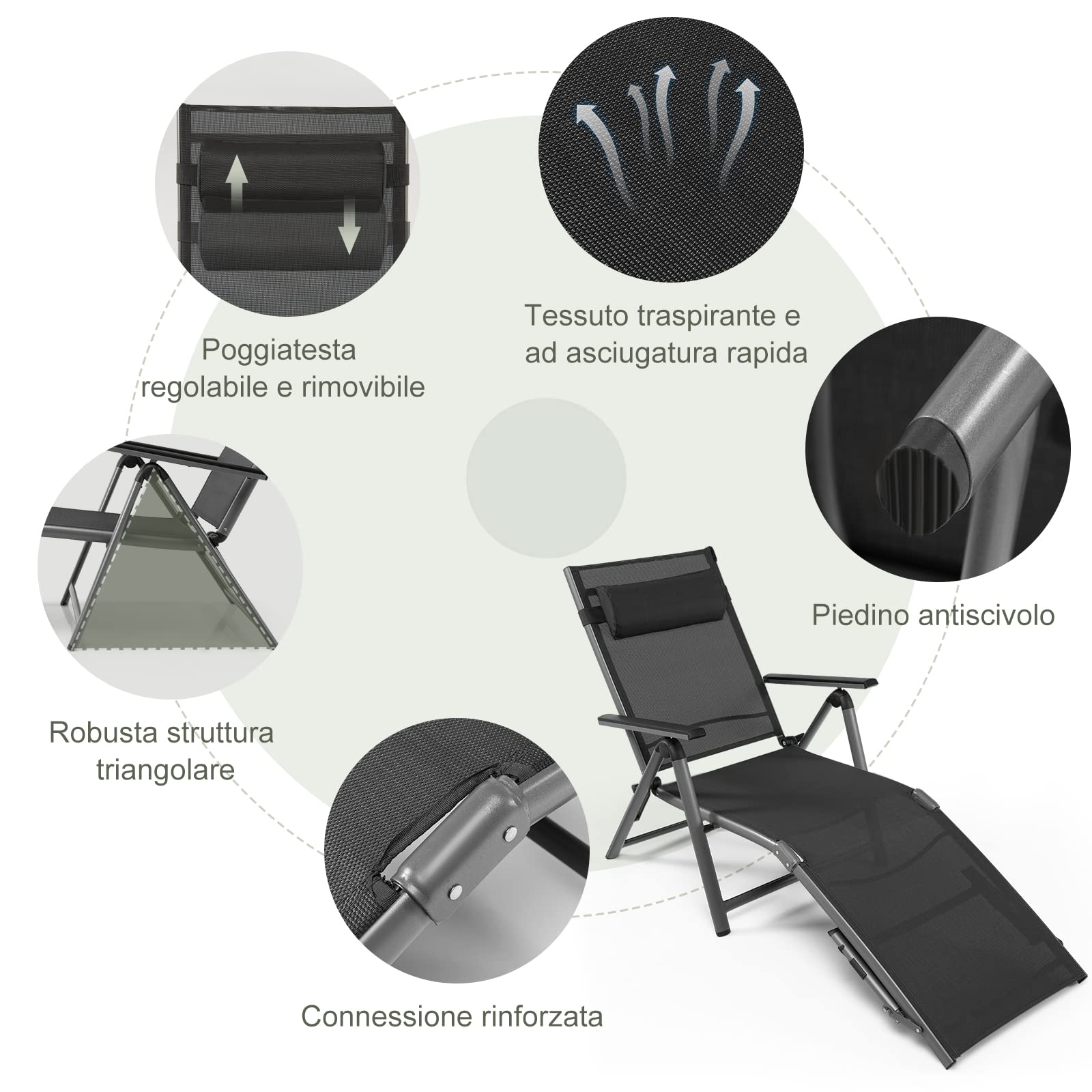 COSTWAY Lettino a Sdraio in Alluminio per Esterno, Pieghevole e Leggero | Chaise Longue con Schienale 8 Posizioni, Poggiatesta Rimovibile e Tessuto Traspirante, Ideale per Piscina Spiaggia e Patio