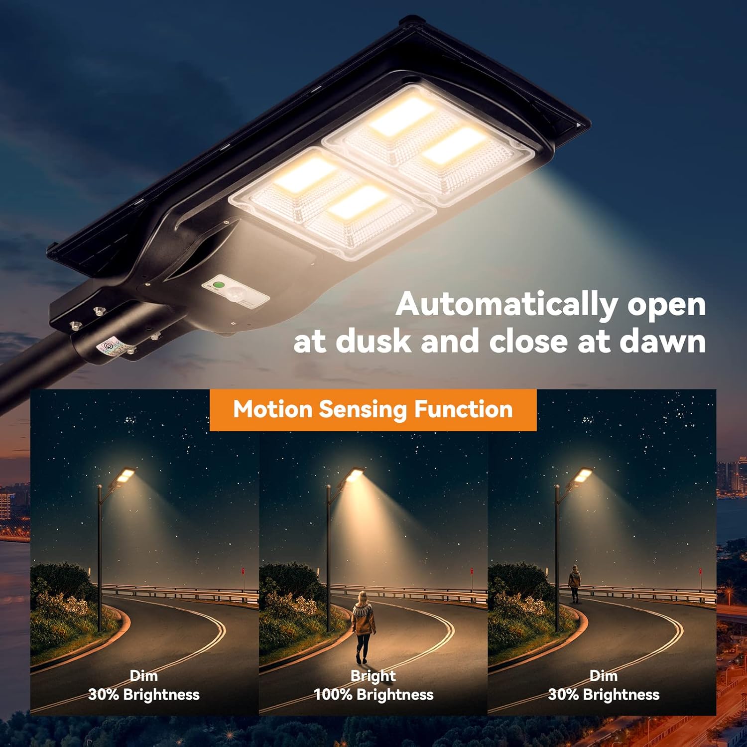 LANGY Solar Street Lights Outdoor Warm white, Commercial Parking Lot Lights Yellow LED Chips 3000k Solar Street Light with Motion Sensor  Dusk to Dawn IP65 with Remote Control for Barn, Yard, Pathway