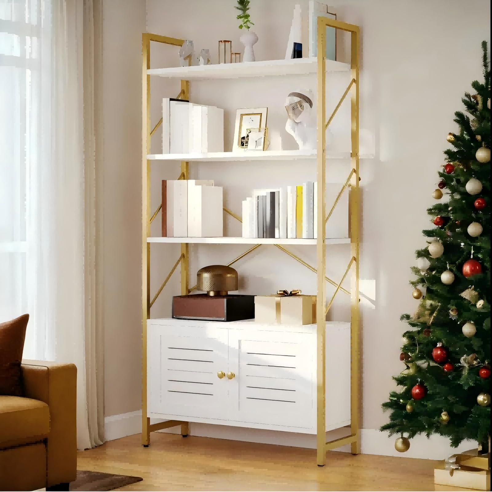 YITAHOME Bookshelf and Bookcase with Storage Cabinet, Standing 5 Tiers Book Shelves Display Rack with Doors for Bedroom Living Room Office,White&Gold