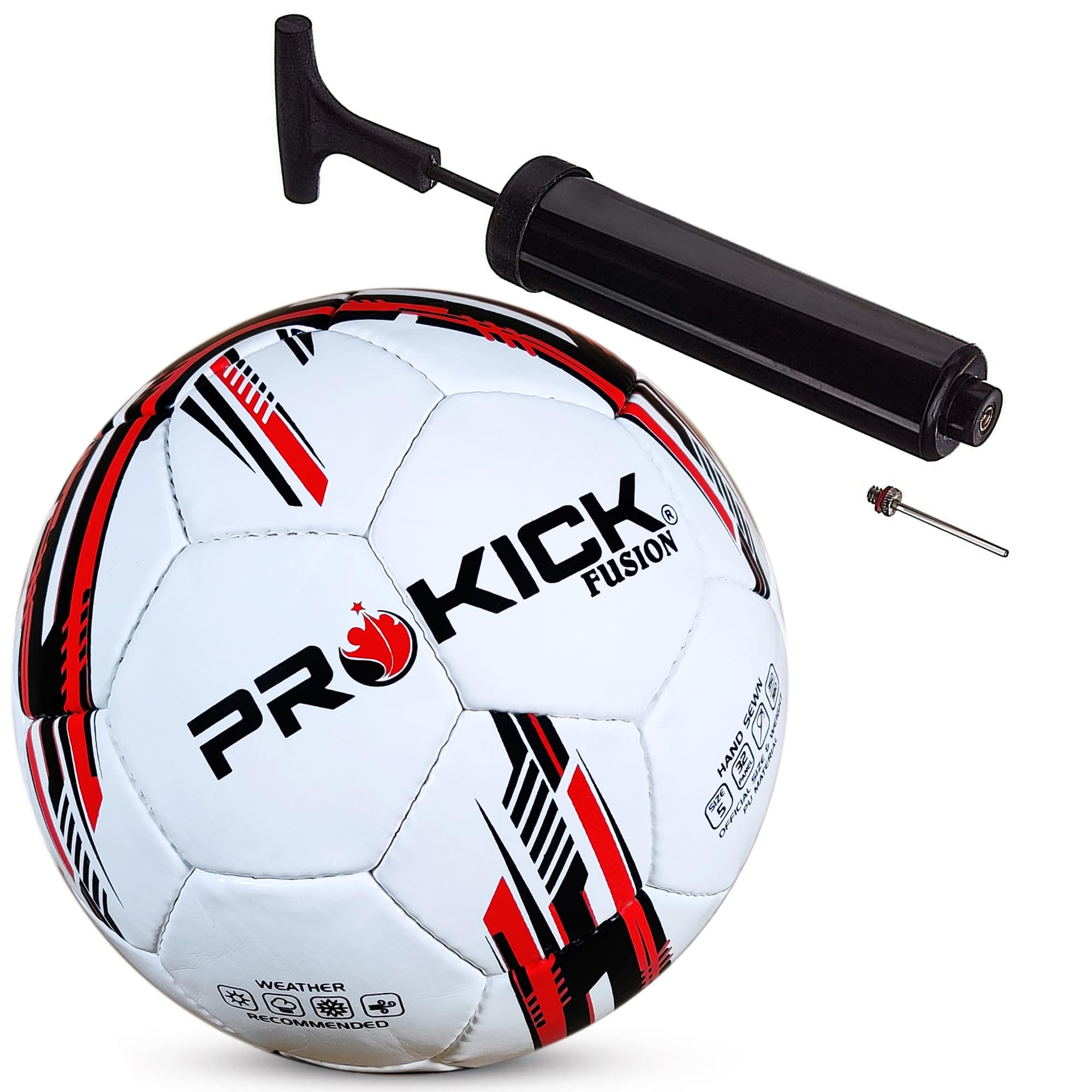 Prokick Fusion Hand Stitched 32 Panel PU Football, Size 5 - White/Black/Red with Plastic Hand Pump and Inflation Needle (B0CRS5BRMF) Amazon Price History, Amazon Price Tracker