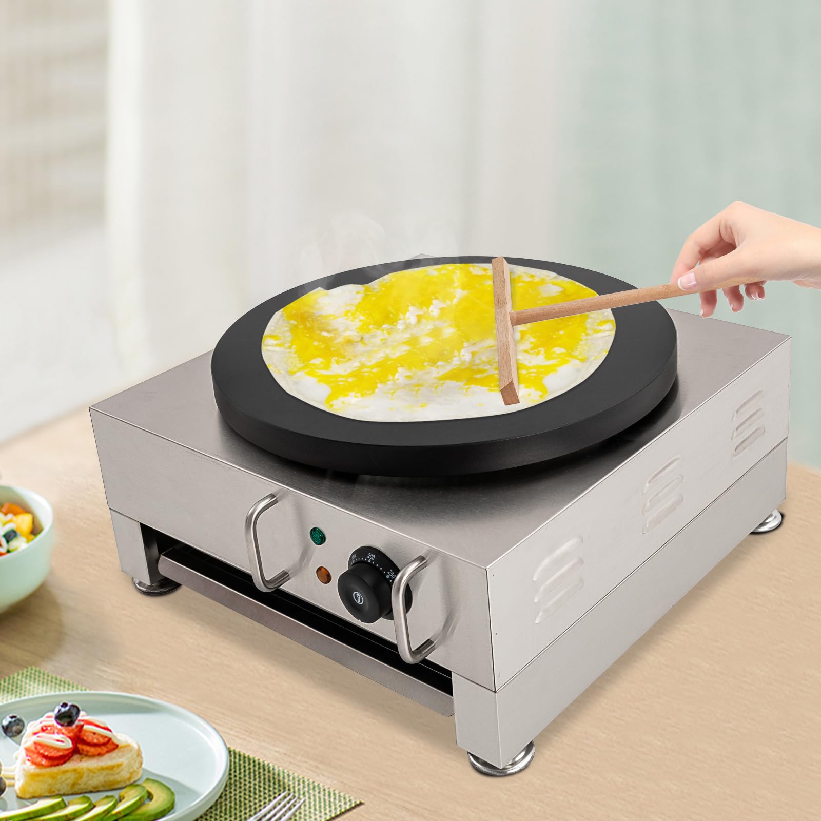 2800W Crepiere Eléctrico Crepere Creperas Máquina Temperatura Ajustable Crepa Comercial con Espátula de Madera,Adecuado para el Hogar, Restaurante, Café