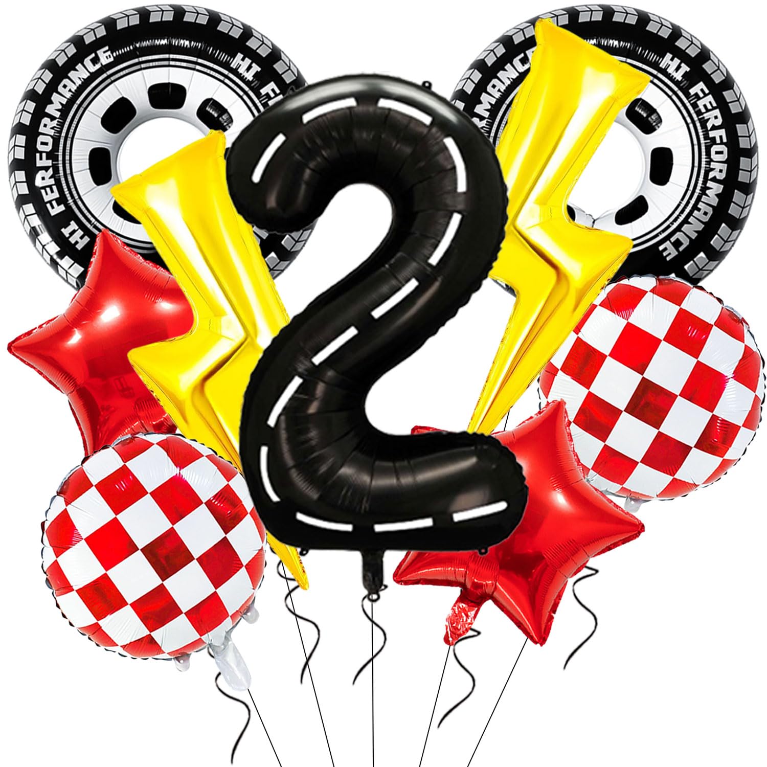 Race Car Balloons 30Inch Tire Balloon Lightning Bolt Foil Balloon 40 Inch Racetrack Number 2 Balloon Two Fast Balloons for Boys 2nd Cars Themed